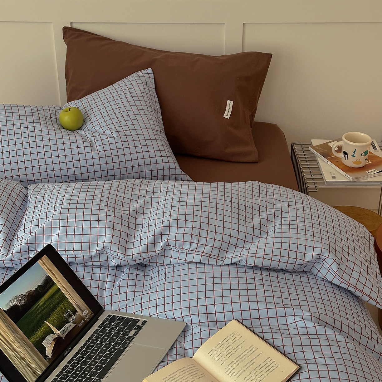 91家纺网 家纺一手货源 找家纺 山茶家居-原创设计 2026春夏新款简约全棉纯棉格子印花四件套-莫里亚 莫里亚-蓝格