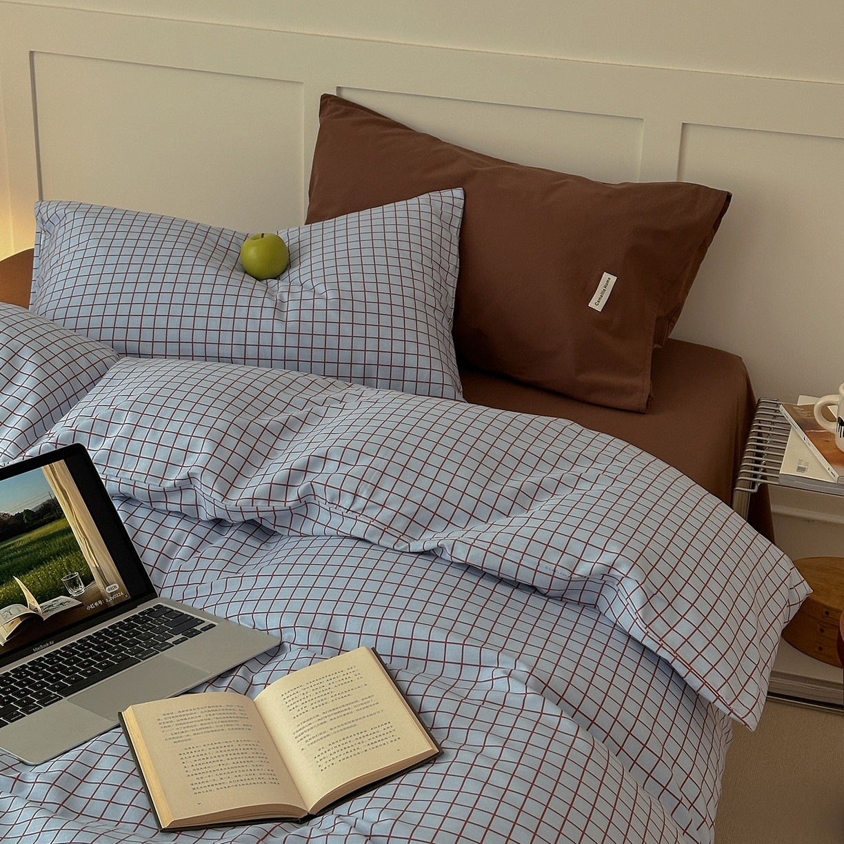 91家纺网 家纺一手货源 找家纺 山茶家居-原创设计 2026春夏新款简约全棉纯棉格子印花四件套-莫里亚 莫里亚-蓝格