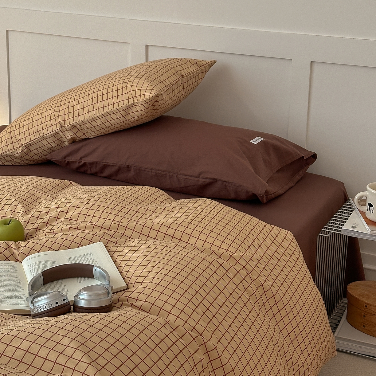 91家纺网 家纺一手货源 找家纺 山茶家居-原创设计 2026春夏新款简约全棉纯棉格子印花四件套-莫里亚 莫里亚-咖格