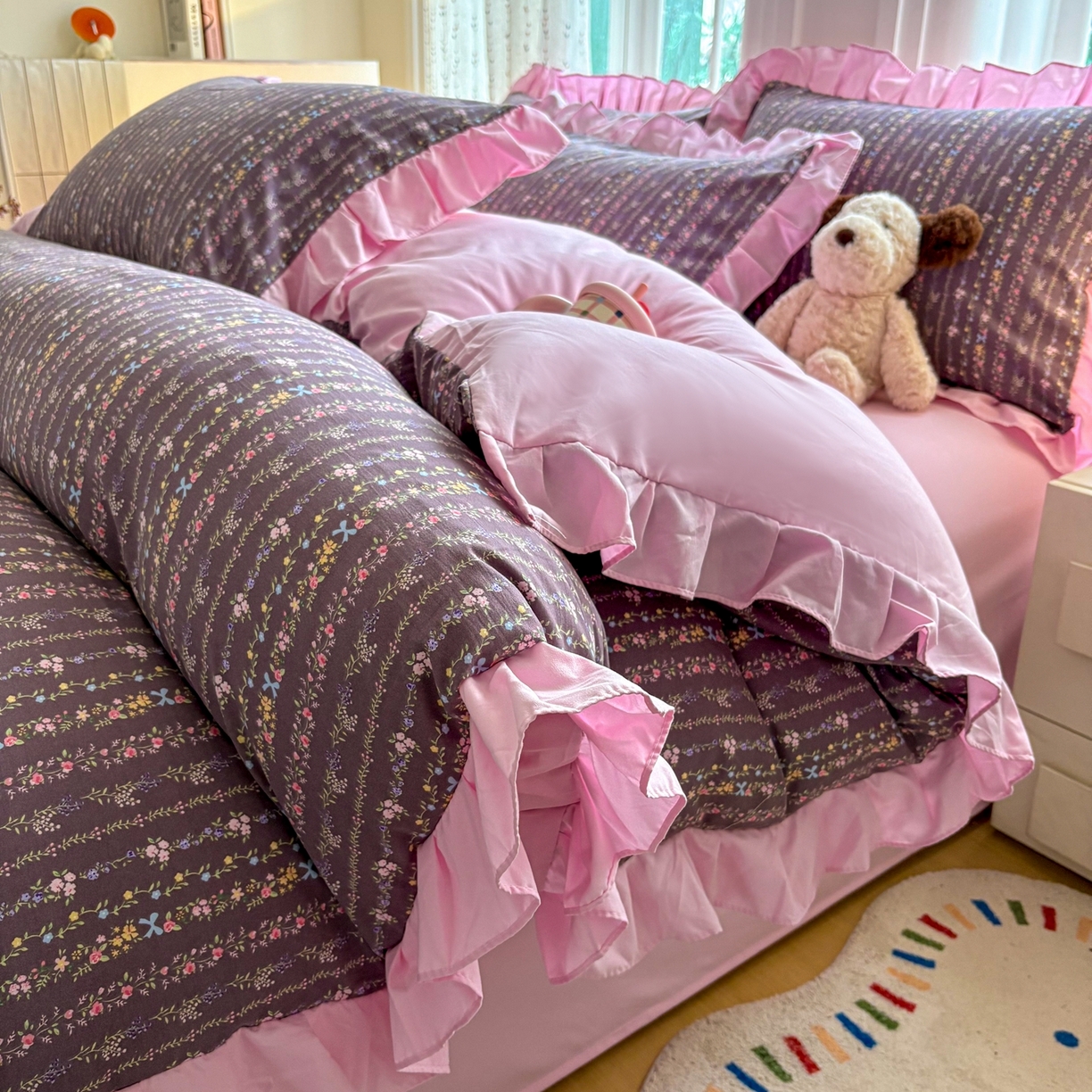 铠畅 2026春夏新款锦朵系列 韩版水洗棉小清新古棉床单床笠四件套 锦朵 花漾紫