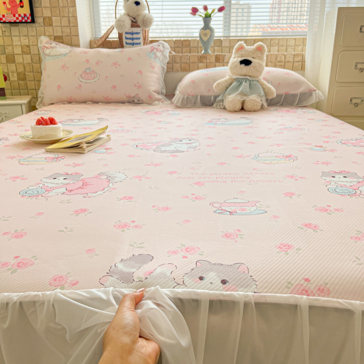 91家纺网 家纺一手货源 找家纺 川悦生活 2026新款雪纺冰丝床裙凉席三件套 床裙喵萝花园