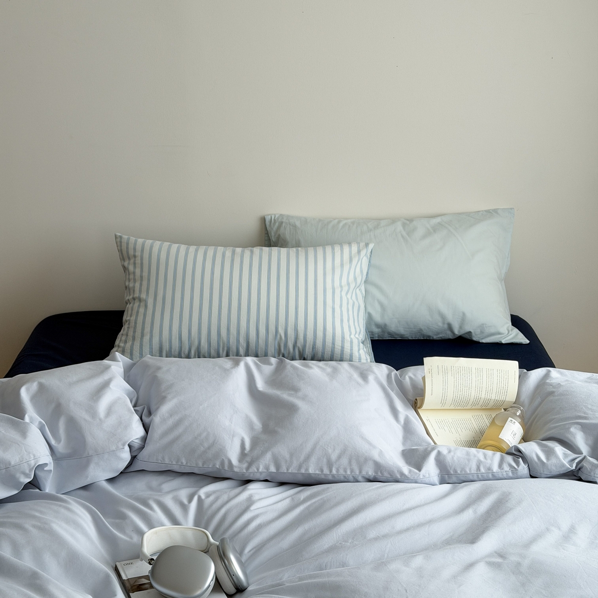 蜜宿 2026新款纯色混搭全棉纯棉40s水洗棉四件套 深海微光（枕套蓝绿竖条+微蓝）