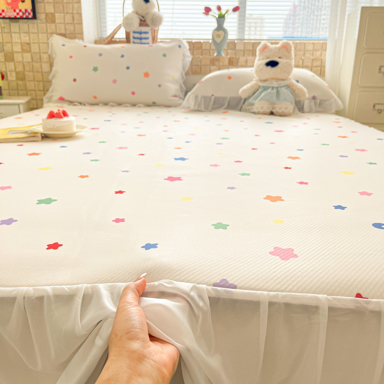 91家纺网 家纺一手货源 找家纺 川悦生活 2026新款雪纺冰丝床裙凉席三件套 床裙晴天星星