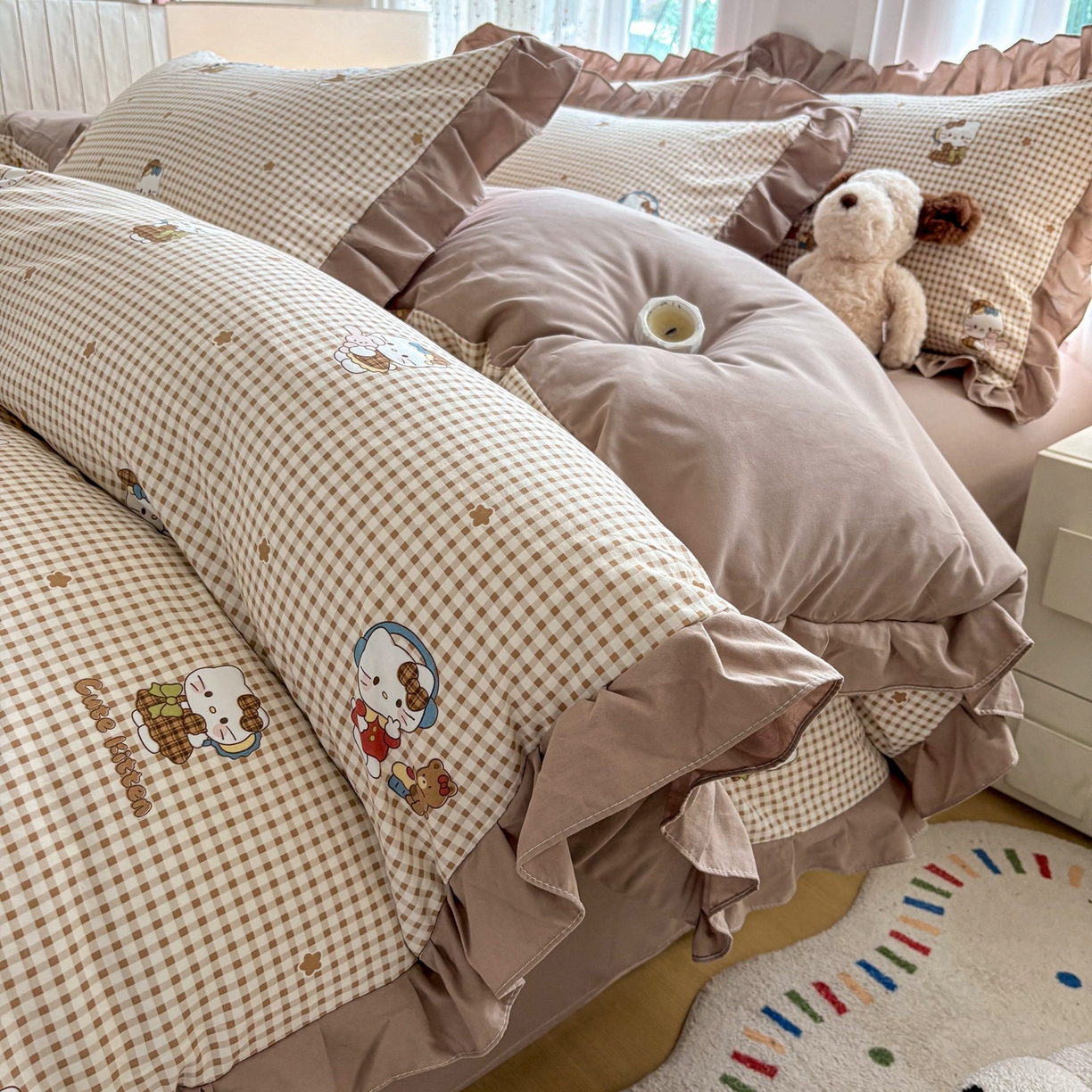 铠畅 2026春夏新款锦朵系列 韩版水洗棉小清新古棉床单床笠四件套 锦朵 咖格喵语