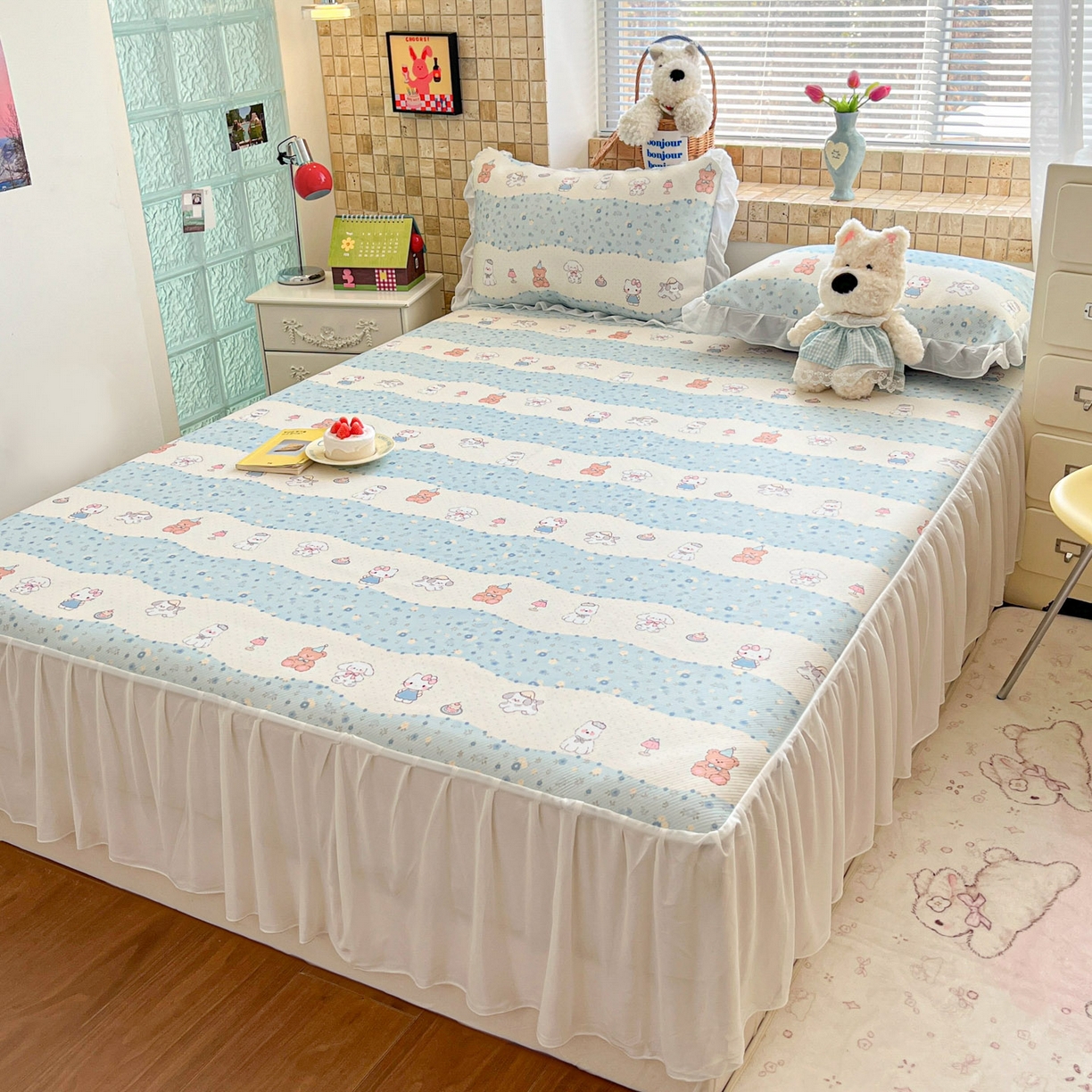 91家纺网 家纺一手货源 找家纺 川悦生活 2026新款雪纺冰丝床裙凉席三件套 床裙花田乐园