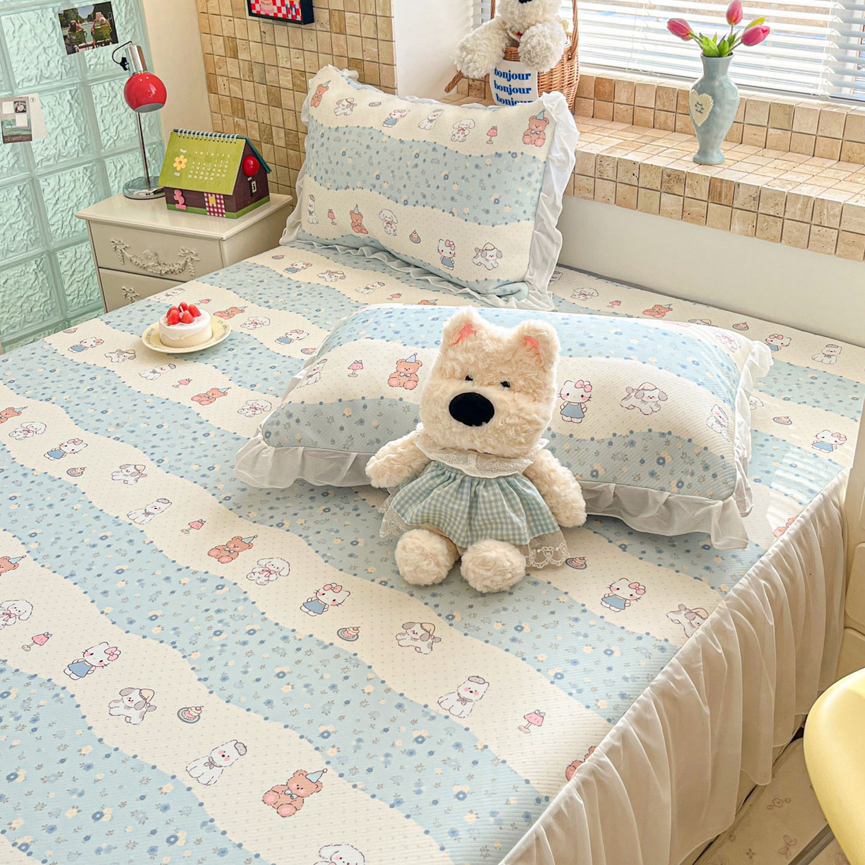 91家纺网 家纺一手货源 找家纺 川悦生活 2026新款雪纺冰丝床裙凉席三件套 床裙花田乐园