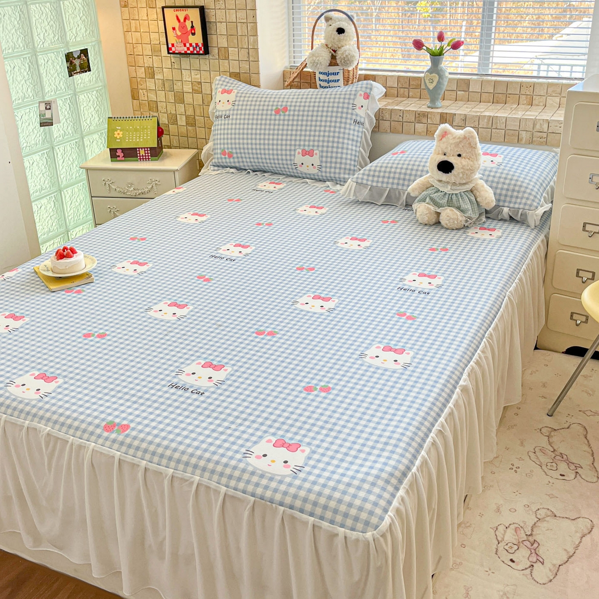 91家纺网 家纺一手货源 找家纺 川悦生活 2026新款雪纺冰丝床裙凉席三件套 床裙草莓喵