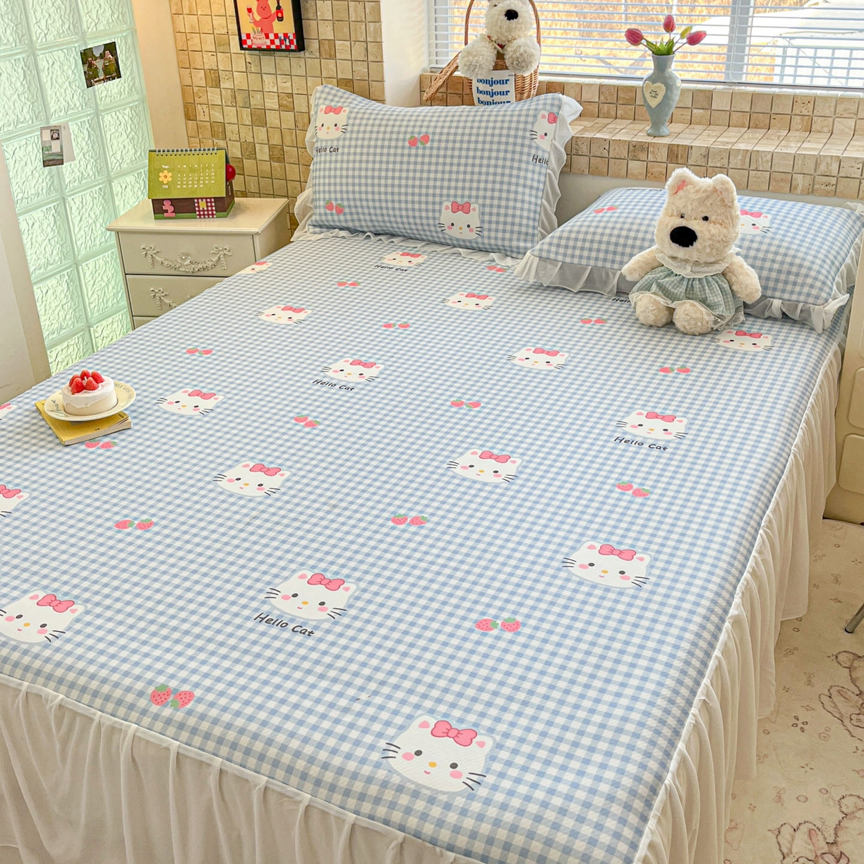 91家纺网 家纺一手货源 找家纺 川悦生活 2026新款雪纺冰丝床裙凉席三件套 床裙草莓喵