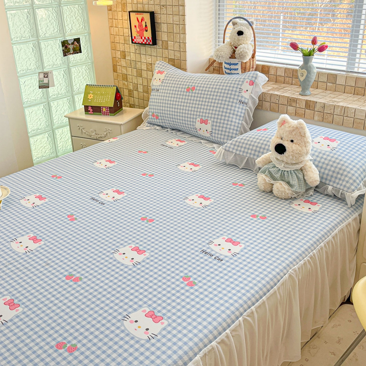 91家纺网 家纺一手货源 找家纺 川悦生活 2026新款雪纺冰丝床裙凉席三件套 床裙草莓喵