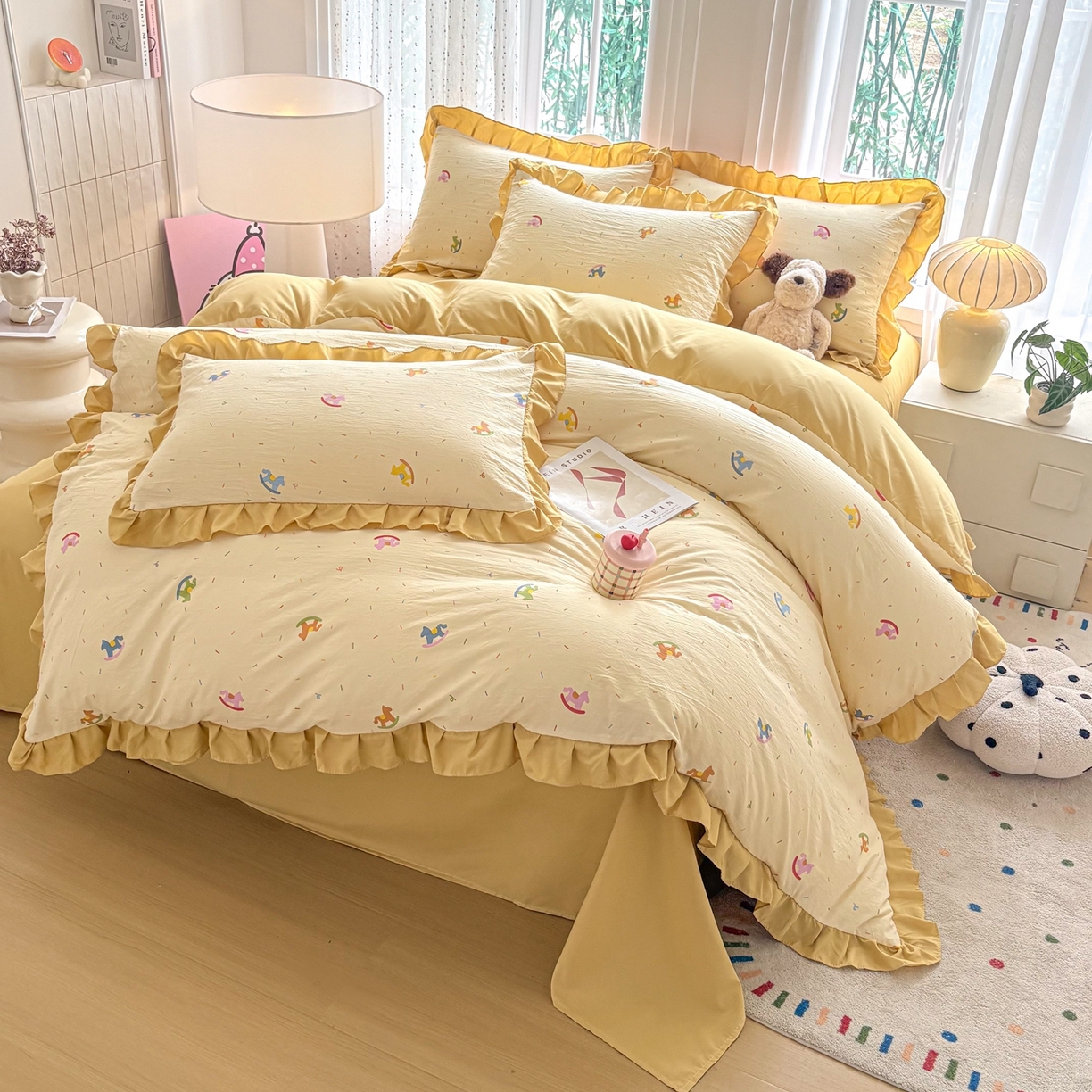 91家纺网 家纺一手货源 找家纺 铠畅 2026春夏新款锦朵系列 韩版水洗棉小清新古棉床单床笠四件套 锦朵 木马乐园黄