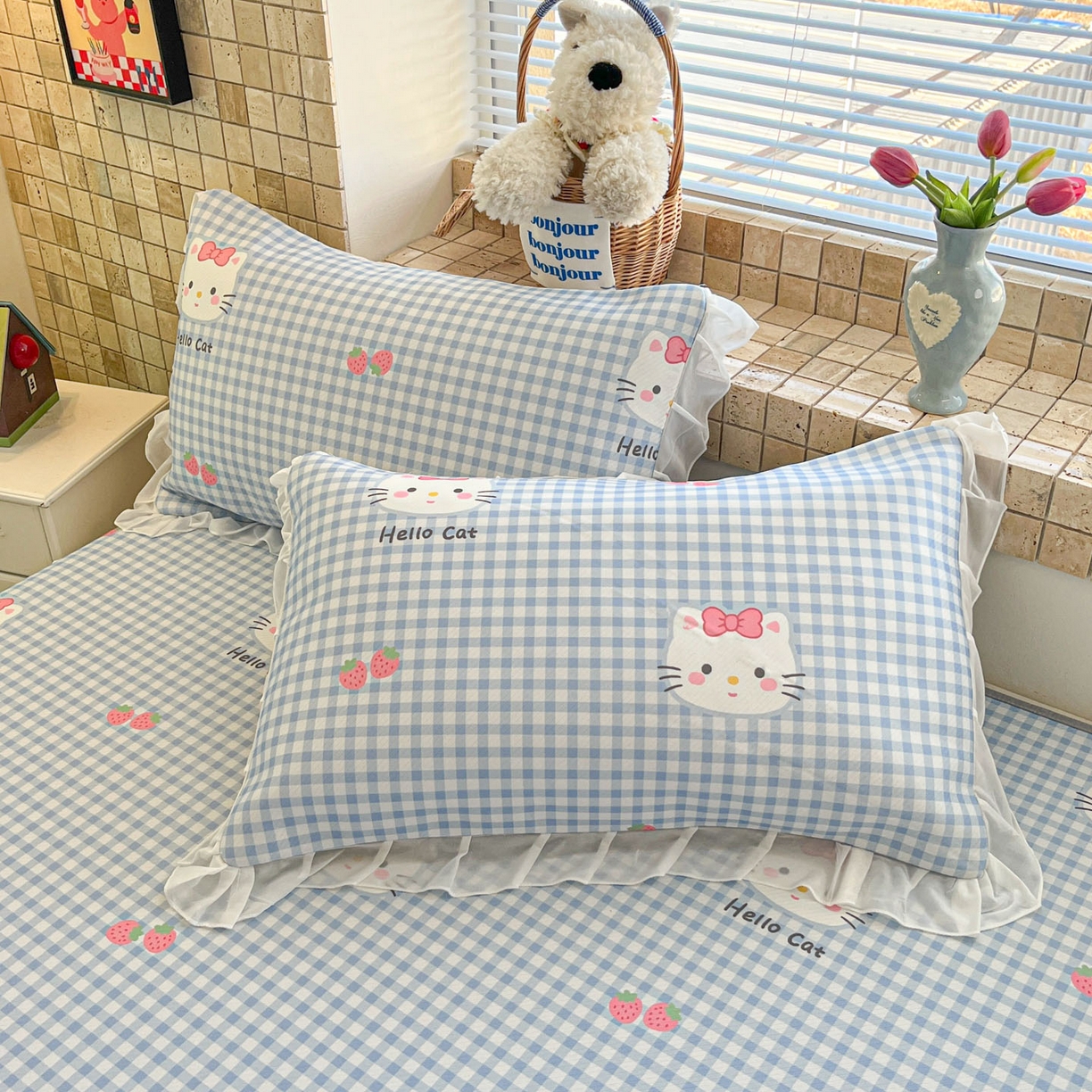 91家纺网 家纺一手货源 找家纺 川悦生活 2026新款雪纺冰丝床裙凉席三件套 床裙草莓喵