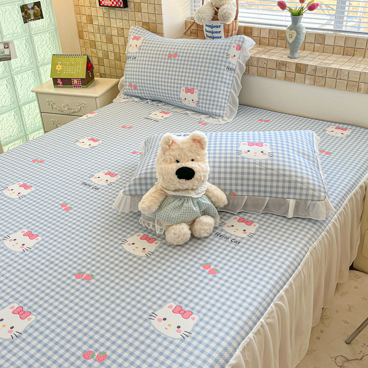 91家纺网 家纺一手货源 找家纺 川悦生活 2026新款雪纺冰丝床裙凉席三件套 床裙草莓喵