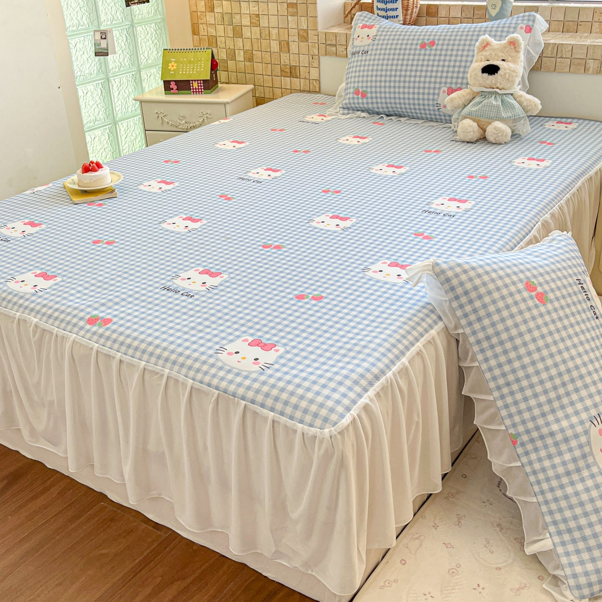 91家纺网 家纺一手货源 找家纺 川悦生活 2026新款雪纺冰丝床裙凉席三件套 床裙草莓喵