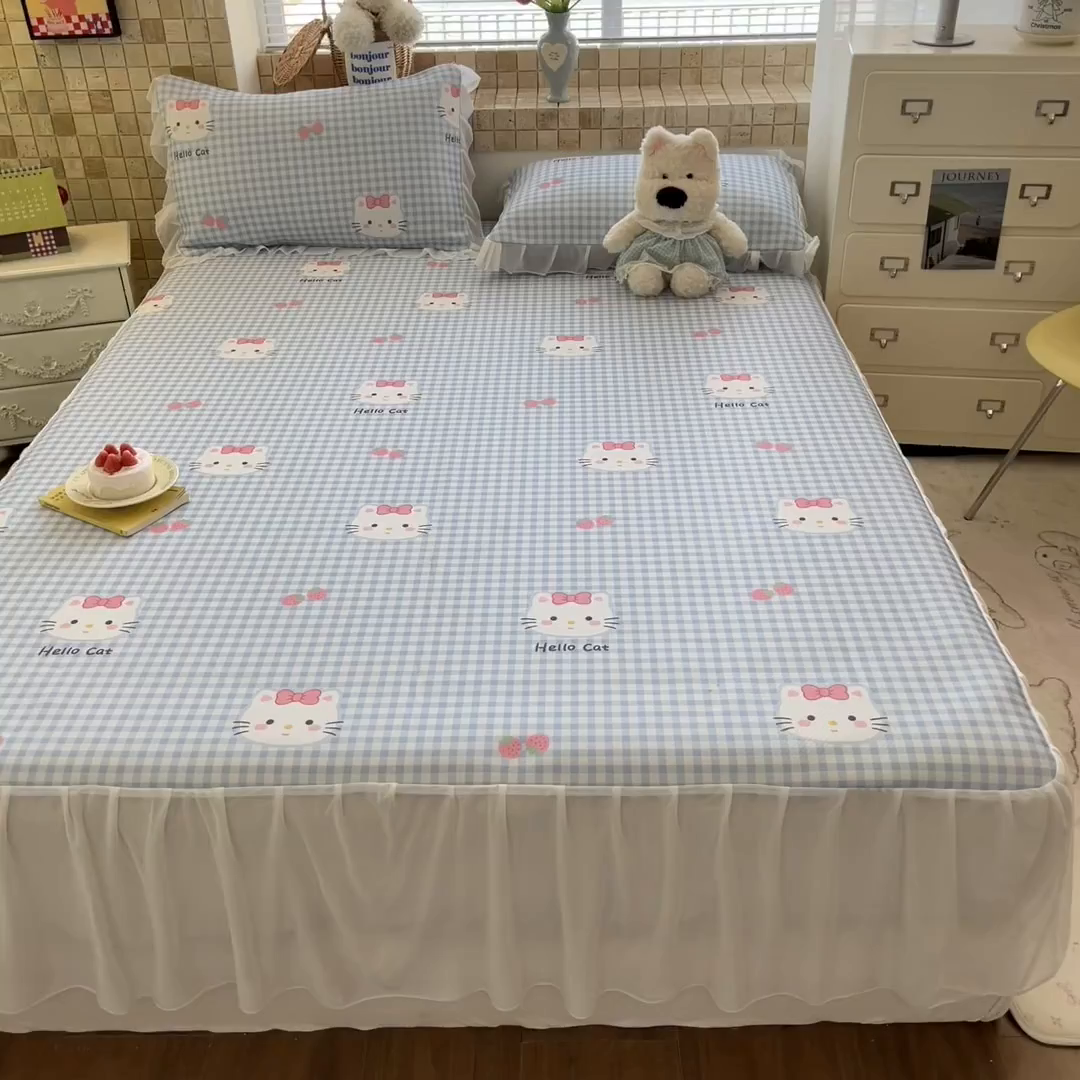 91家纺网 家纺一手货源 找家纺 川悦生活 2026新款雪纺冰丝床裙凉席三件套 床裙草莓喵