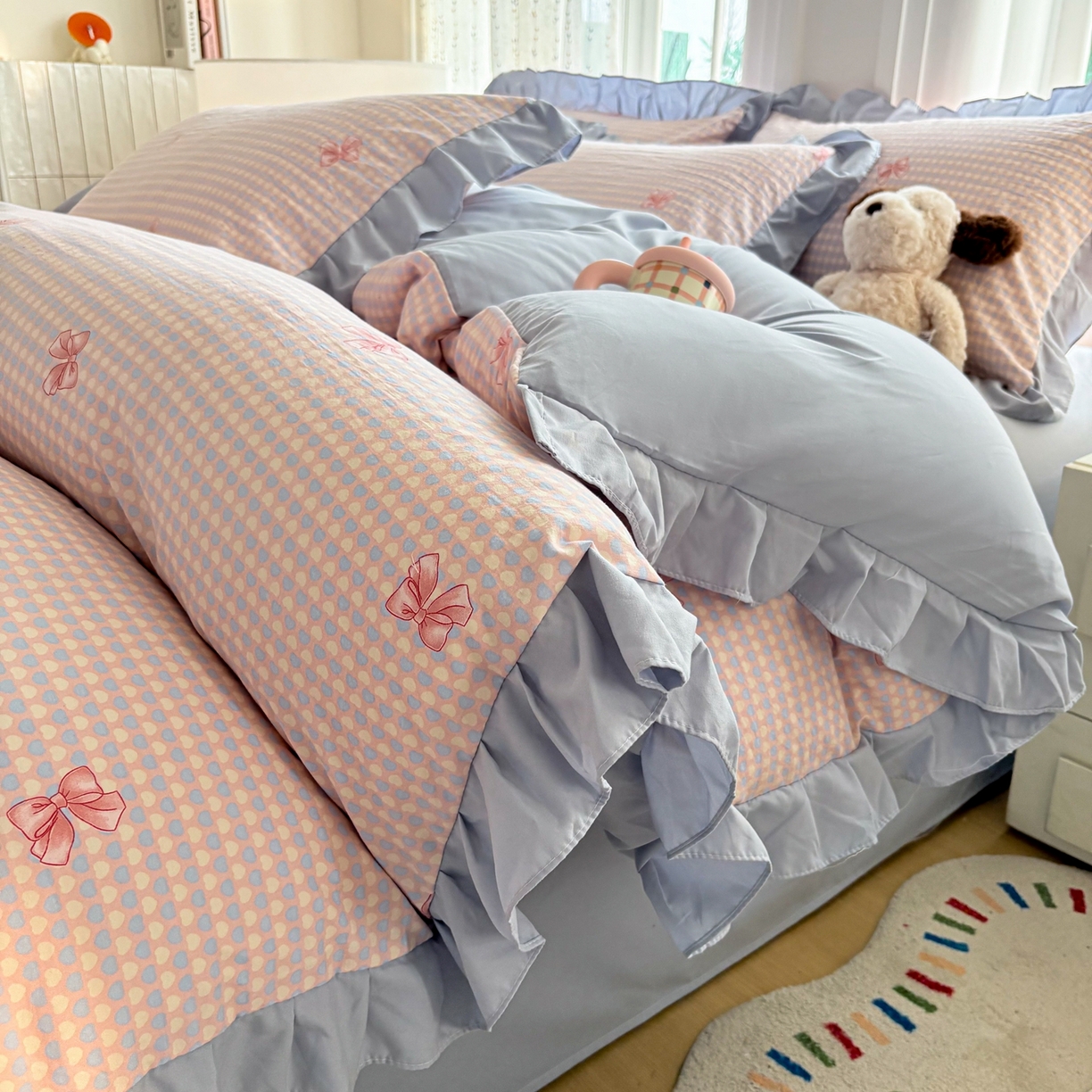 铠畅 2026春夏新款锦朵系列 韩版水洗棉小清新古棉床单床笠四件套 锦朵 浅蓝密语