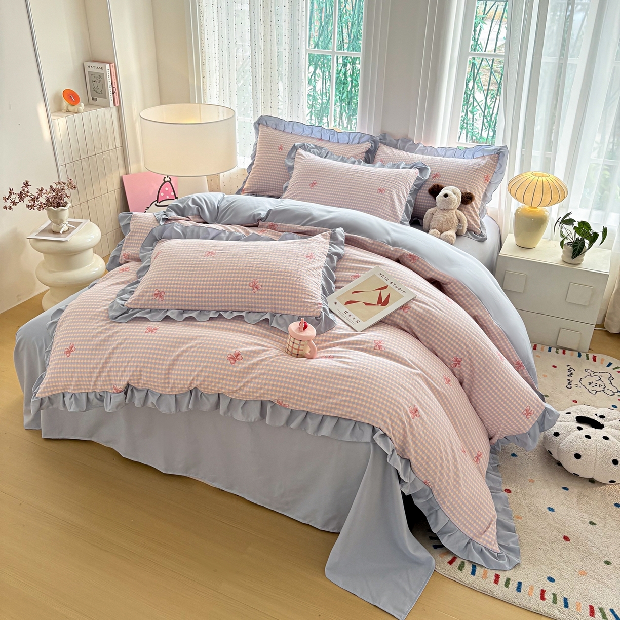 91家纺网 家纺一手货源 找家纺 铠畅 2026春夏新款锦朵系列 韩版水洗棉小清新古棉床单床笠四件套 锦朵 浅蓝密语