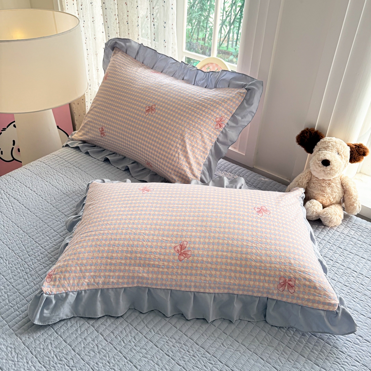 91家纺网 家纺一手货源 找家纺 铠畅 2026春夏新款锦朵系列 韩版水洗棉小清新古棉床单床笠四件套 锦朵 浅蓝密语