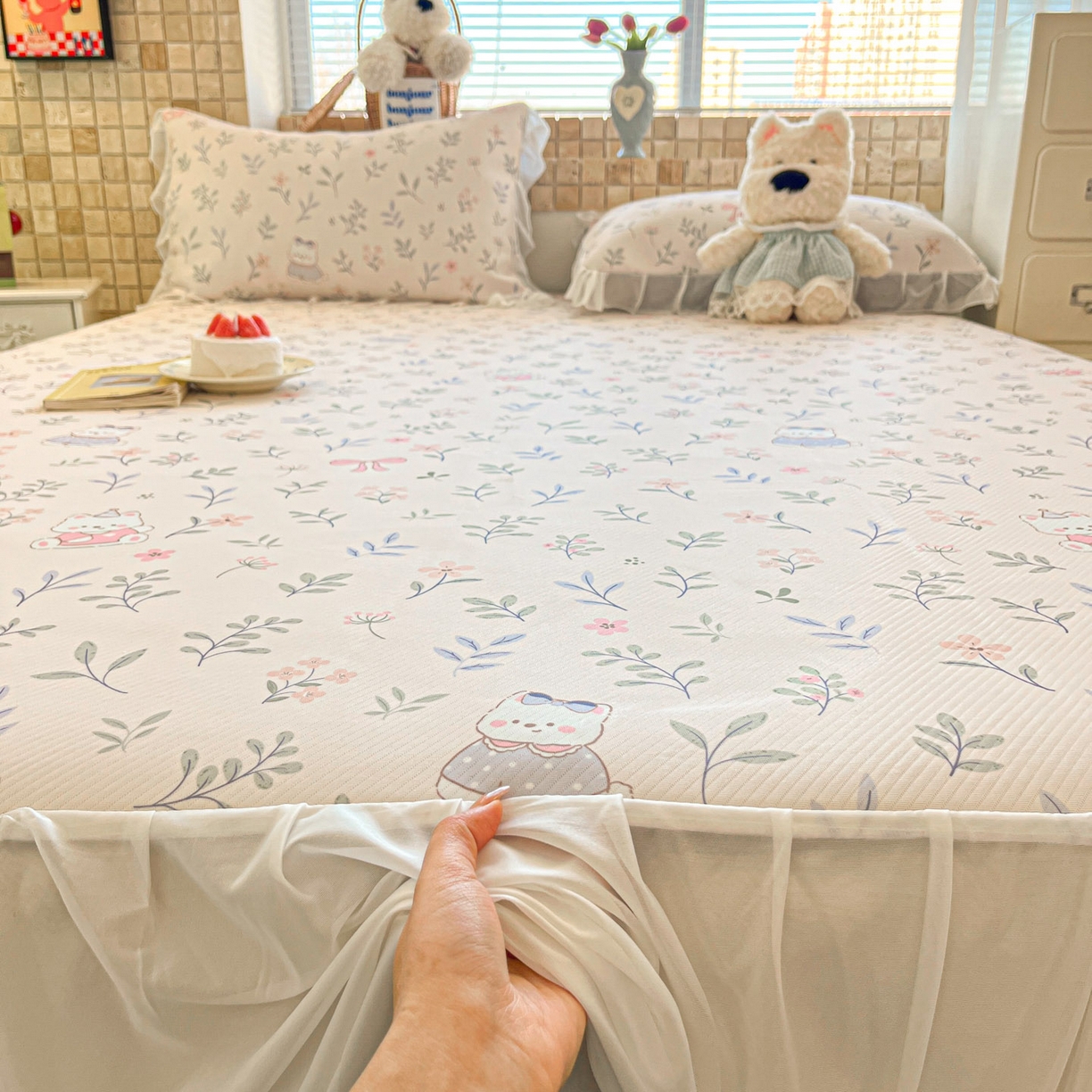 川悦生活 2026新款雪纺冰丝床裙凉席三件套 床裙春日小狗