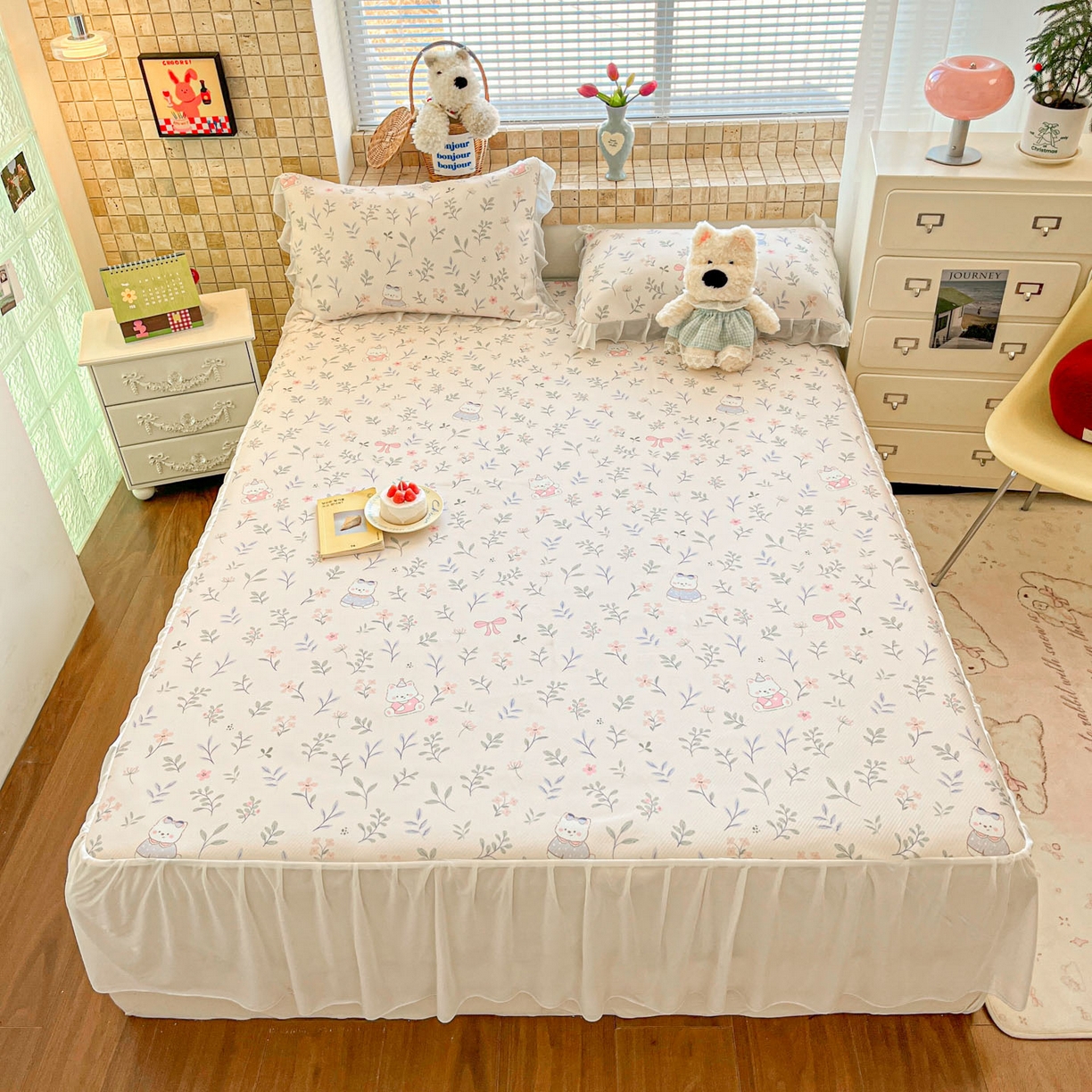 91家纺网 家纺一手货源 找家纺 川悦生活 2026新款雪纺冰丝床裙凉席三件套 床裙春日小狗