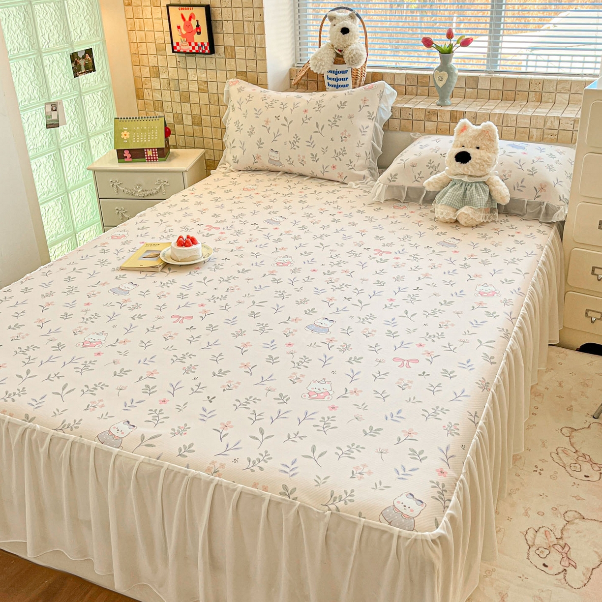 91家纺网 家纺一手货源 找家纺 川悦生活 2026新款雪纺冰丝床裙凉席三件套 床裙春日小狗