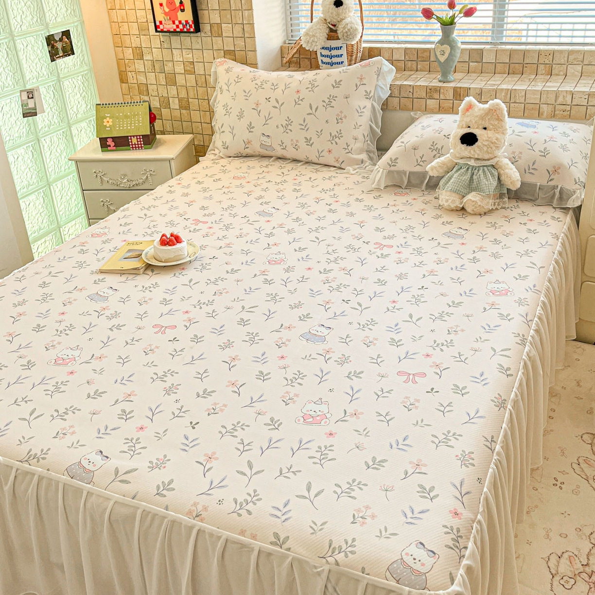 91家纺网 家纺一手货源 找家纺 川悦生活 2026新款雪纺冰丝床裙凉席三件套 床裙春日小狗