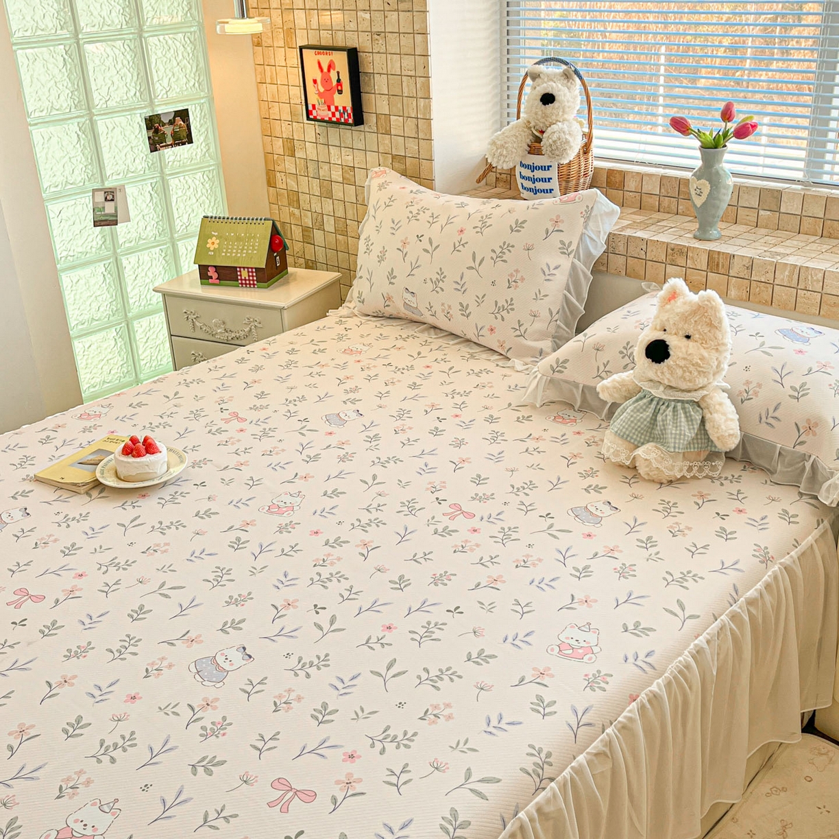 91家纺网 家纺一手货源 找家纺 川悦生活 2026新款雪纺冰丝床裙凉席三件套 床裙春日小狗