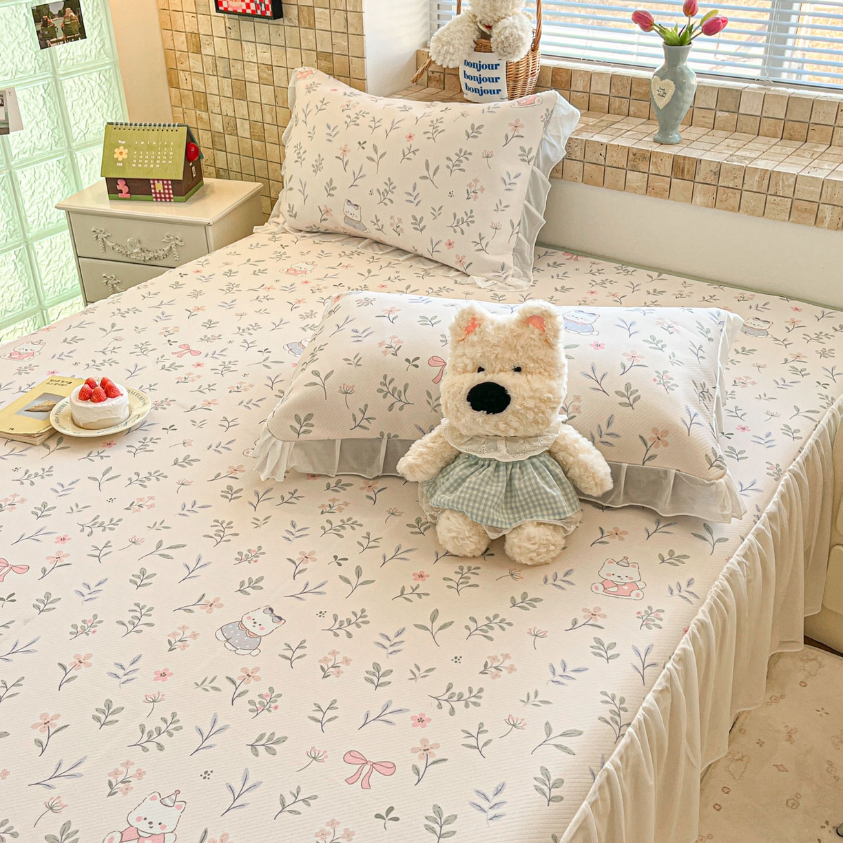 91家纺网 家纺一手货源 找家纺 川悦生活 2026新款雪纺冰丝床裙凉席三件套 床裙春日小狗