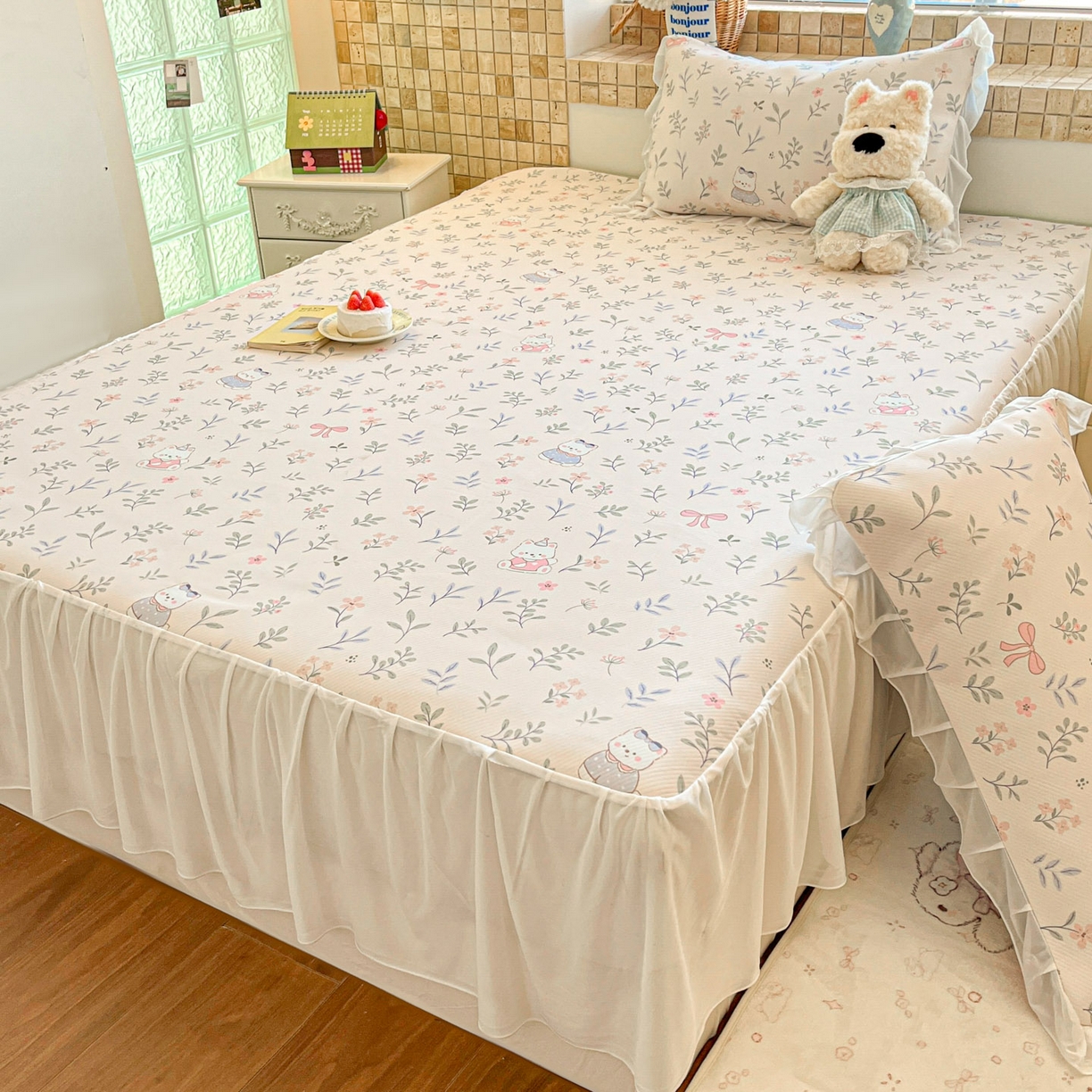 91家纺网 家纺一手货源 找家纺 川悦生活 2026新款雪纺冰丝床裙凉席三件套 床裙春日小狗