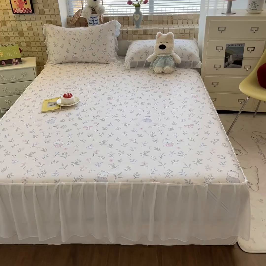 91家纺网 家纺一手货源 找家纺 川悦生活 2026新款雪纺冰丝床裙凉席三件套 床裙春日小狗