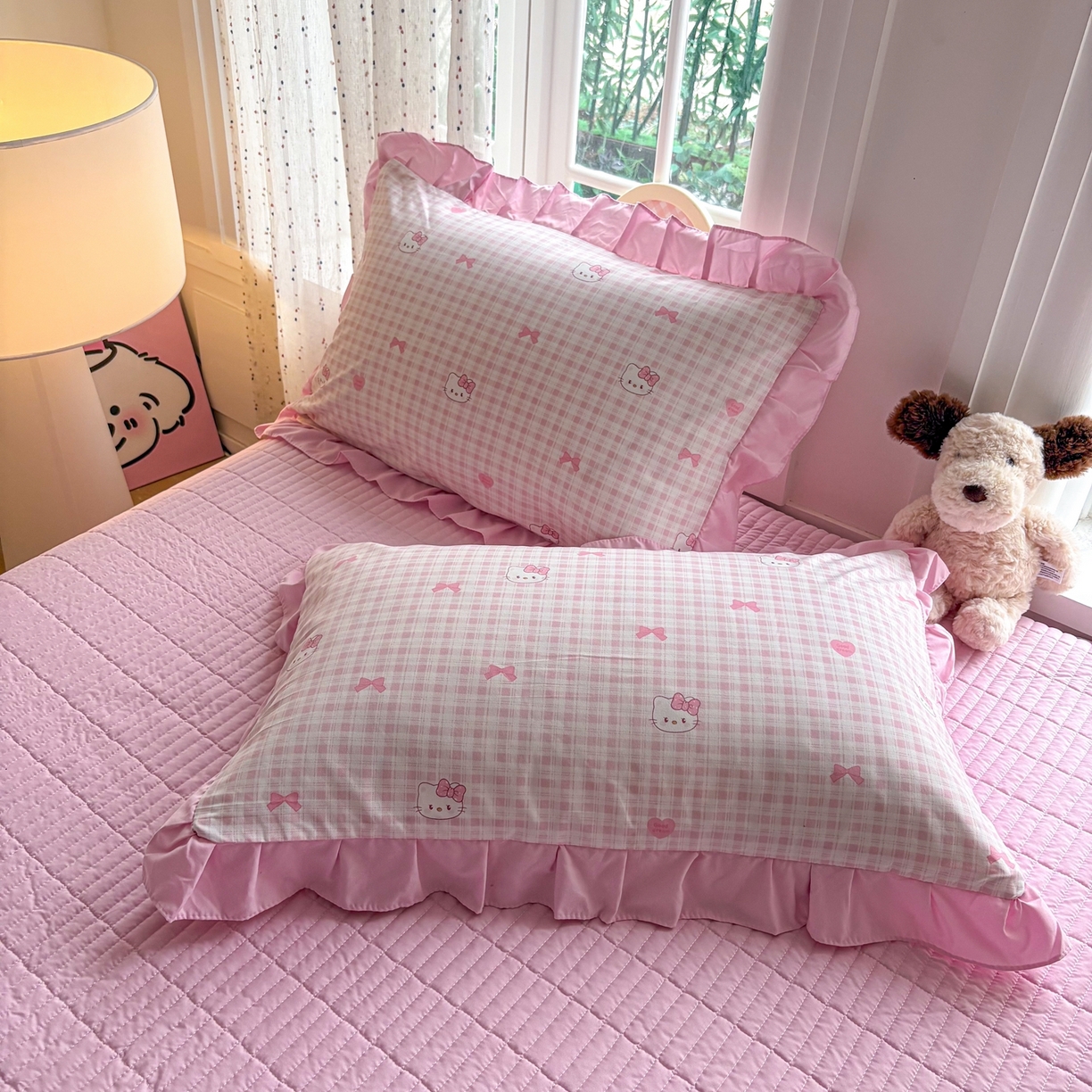 91家纺网 家纺一手货源 找家纺 铠畅 2026春夏新款锦朵系列 韩版水洗棉小清新古棉床单床笠四件套 锦朵 甜梦喵 粉