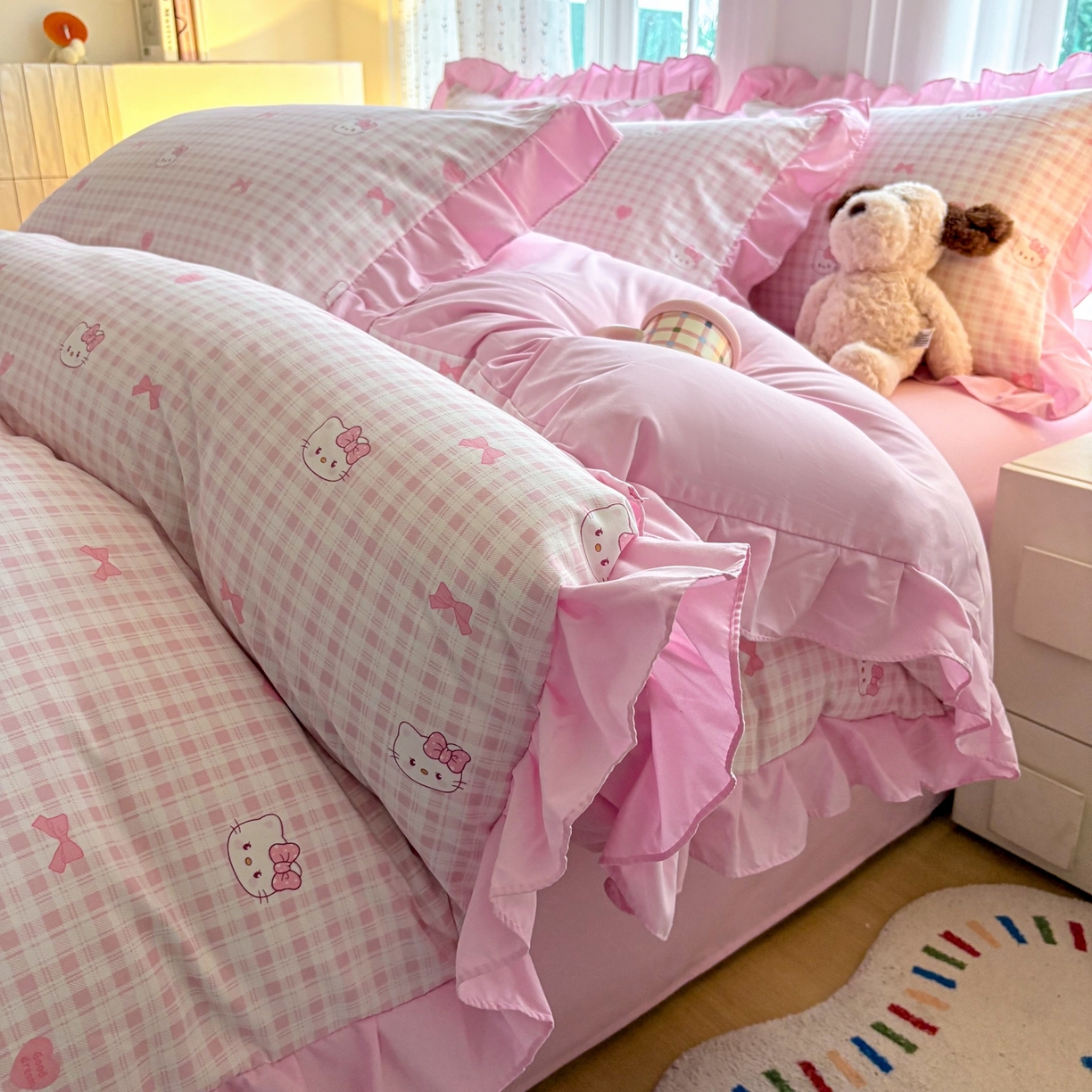 铠畅 2026春夏新款锦朵系列 韩版水洗棉小清新古棉床单床笠四件套 锦朵 甜梦喵 粉