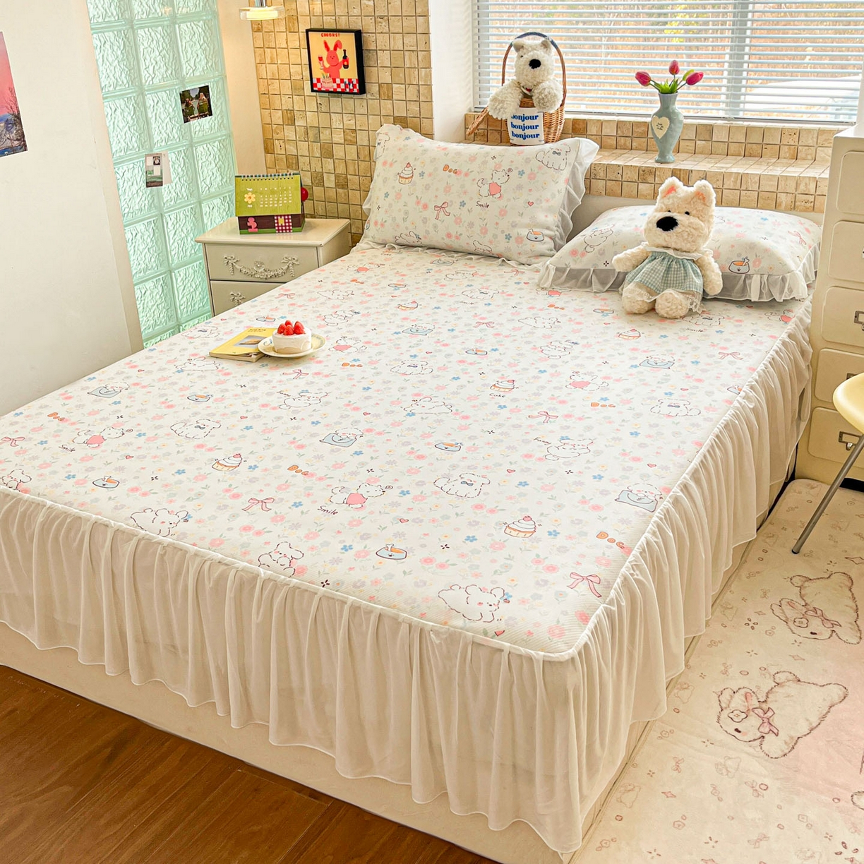 91家纺网 家纺一手货源 找家纺 川悦生活 2026新款雪纺冰丝床裙凉席三件套 床裙嘟嘟花园