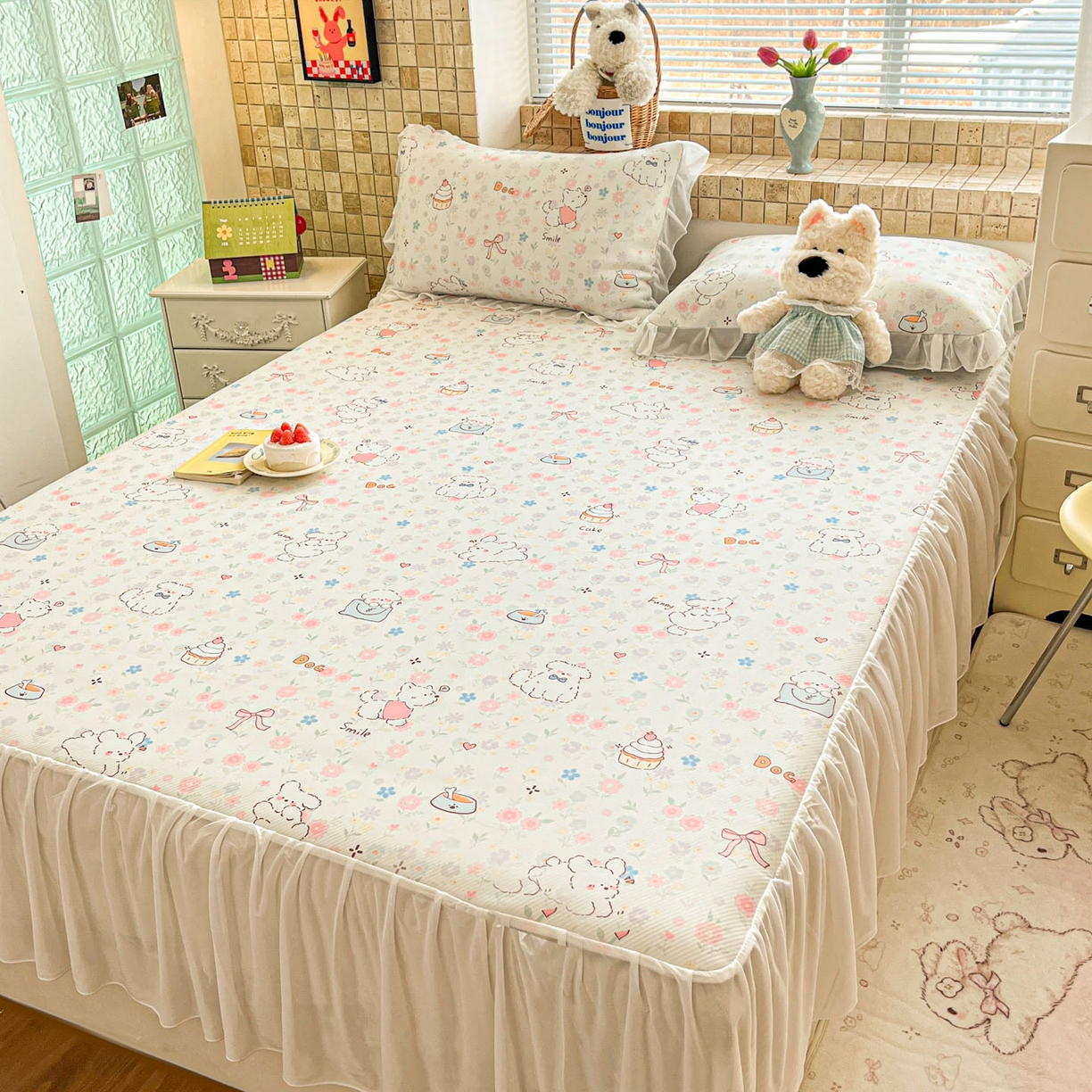 91家纺网 家纺一手货源 找家纺 川悦生活 2026新款雪纺冰丝床裙凉席三件套 床裙嘟嘟花园