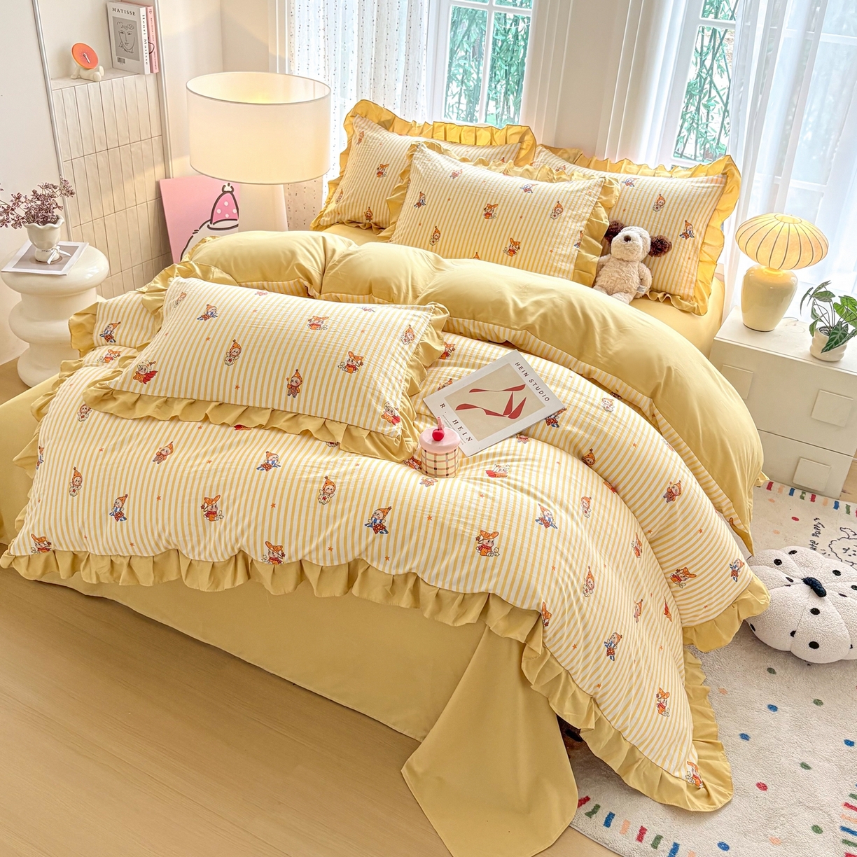 91家纺网 家纺一手货源 找家纺 铠畅 2026春夏新款锦朵系列 韩版水洗棉小清新古棉床单床笠四件套 锦朵 小星人