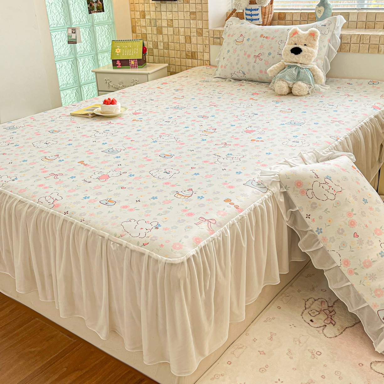 91家纺网 家纺一手货源 找家纺 川悦生活 2026新款雪纺冰丝床裙凉席三件套 床裙嘟嘟花园