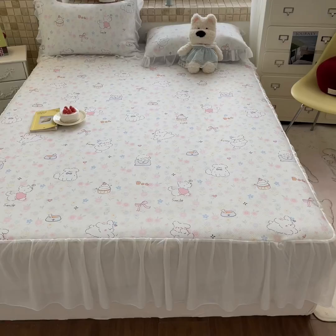 91家纺网 家纺一手货源 找家纺 川悦生活 2026新款雪纺冰丝床裙凉席三件套 床裙嘟嘟花园