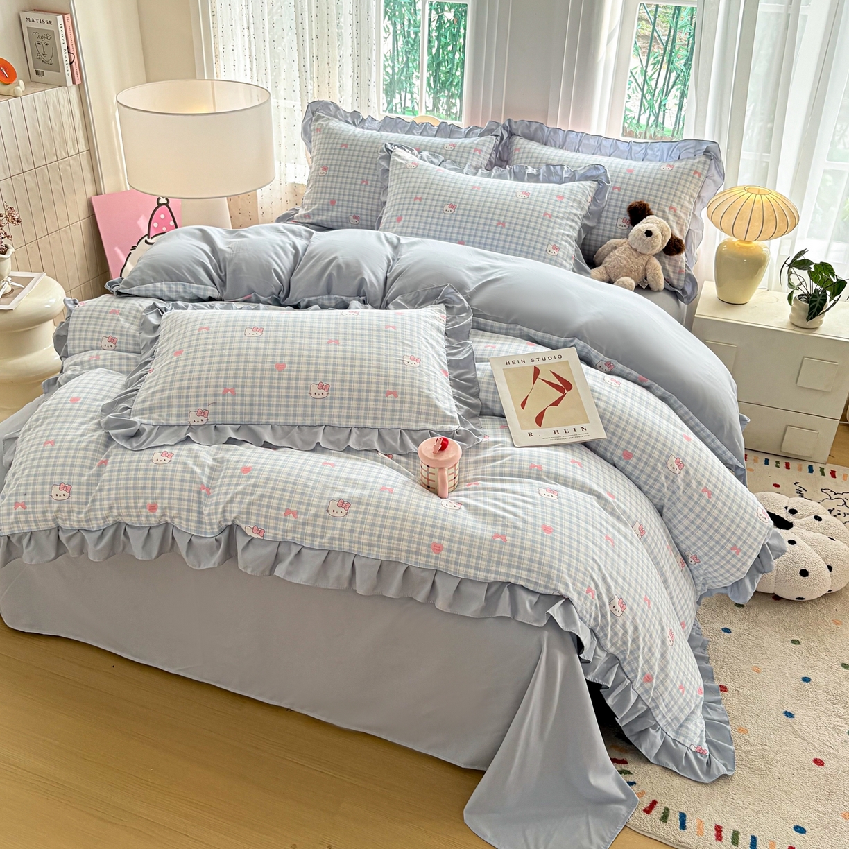 91家纺网 家纺一手货源 找家纺 铠畅 2026春夏新款锦朵系列 韩版水洗棉小清新古棉床单床笠四件套 锦朵 云格甜喵