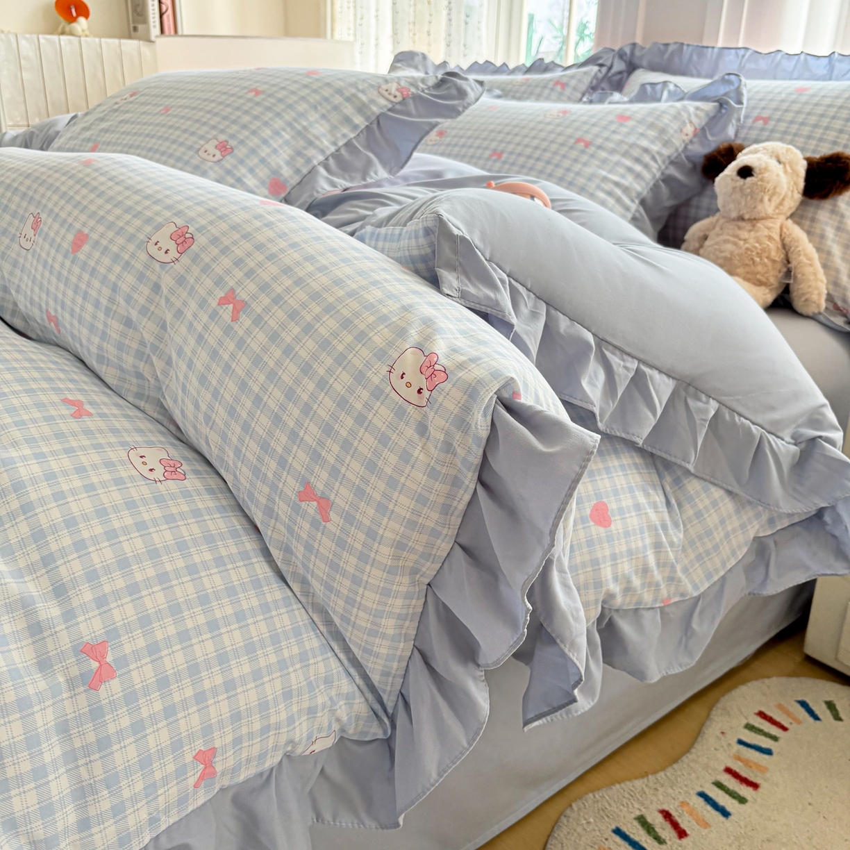 铠畅 2026春夏新款锦朵系列 韩版水洗棉小清新古棉床单床笠四件套 锦朵 云格甜喵