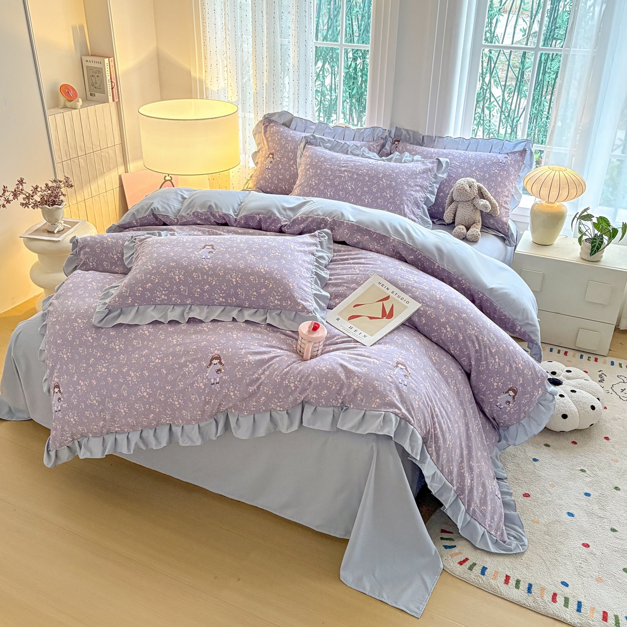 91家纺网 家纺一手货源 找家纺 铠畅 2026春夏新款锦朵系列 韩版水洗棉小清新古棉床单床笠四件套 锦朵 紫莓小兔