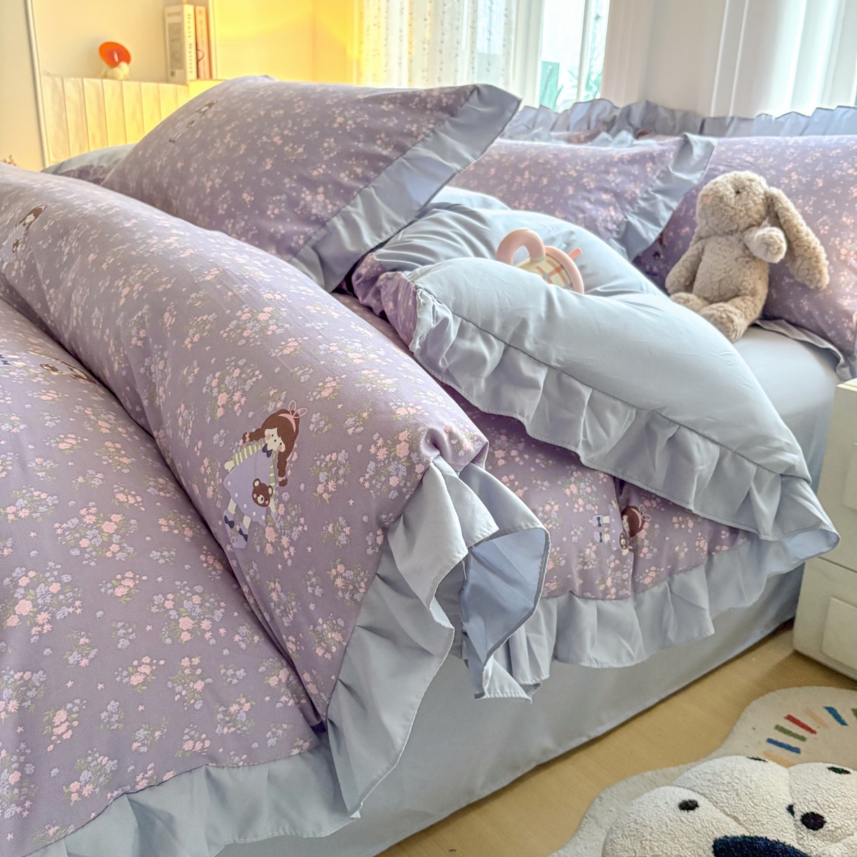 铠畅 2026春夏新款锦朵系列 韩版水洗棉小清新古棉床单床笠四件套 锦朵 紫莓小兔