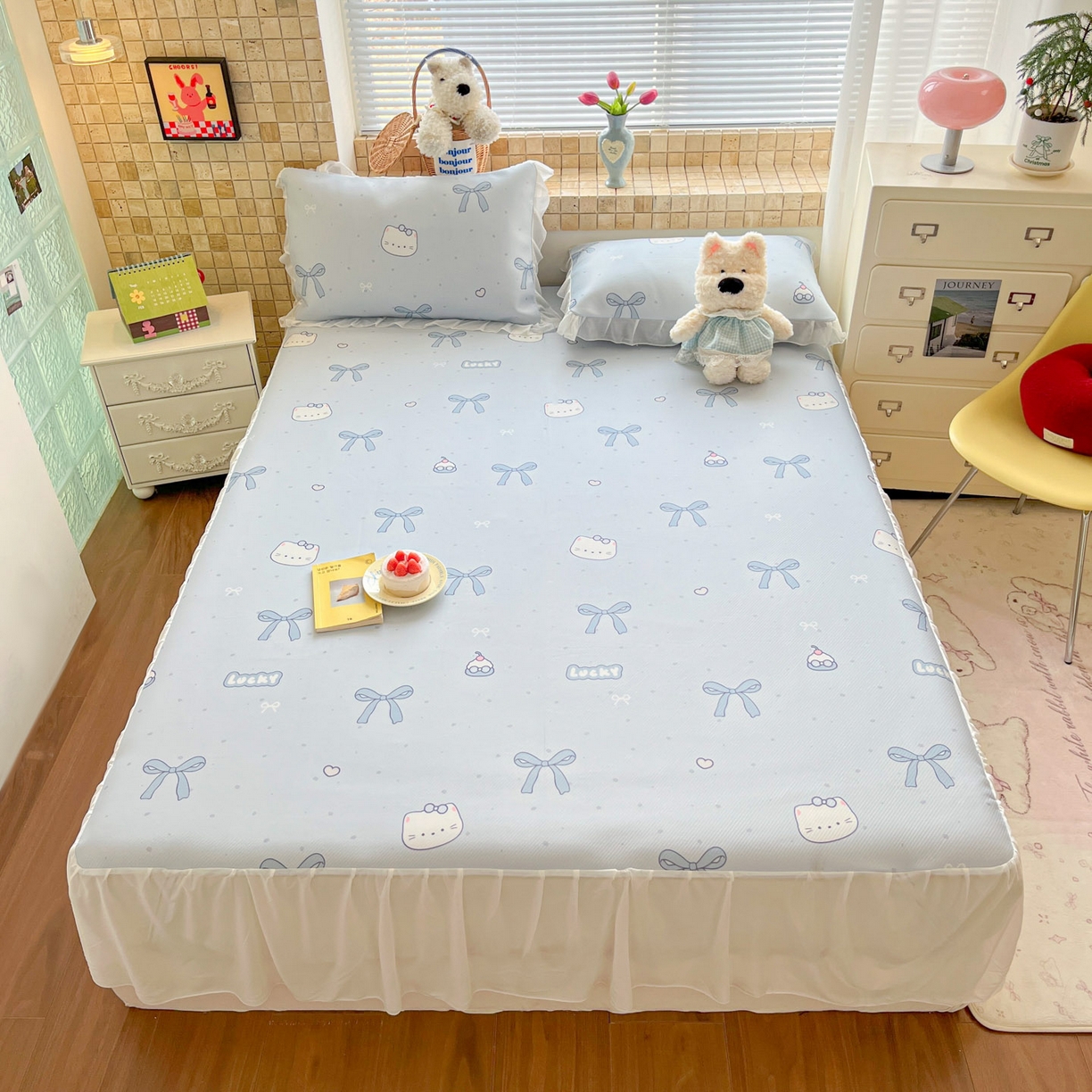 91家纺网 家纺一手货源 找家纺 川悦生活 2026新款雪纺冰丝床裙凉席三件套 床裙海盐小咪