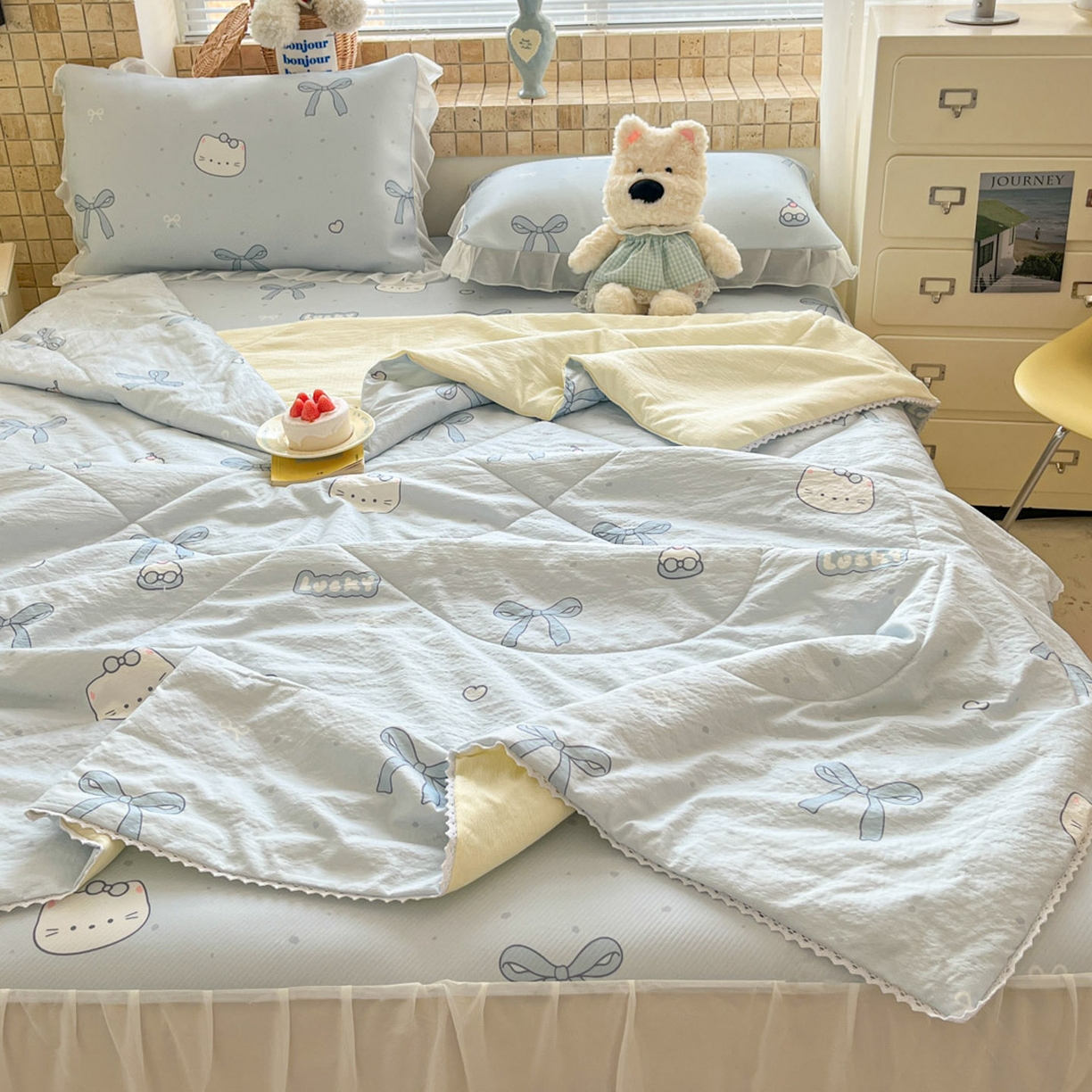 川悦生活 2026新款雪纺冰丝床裙凉席三件套 床裙海盐小咪