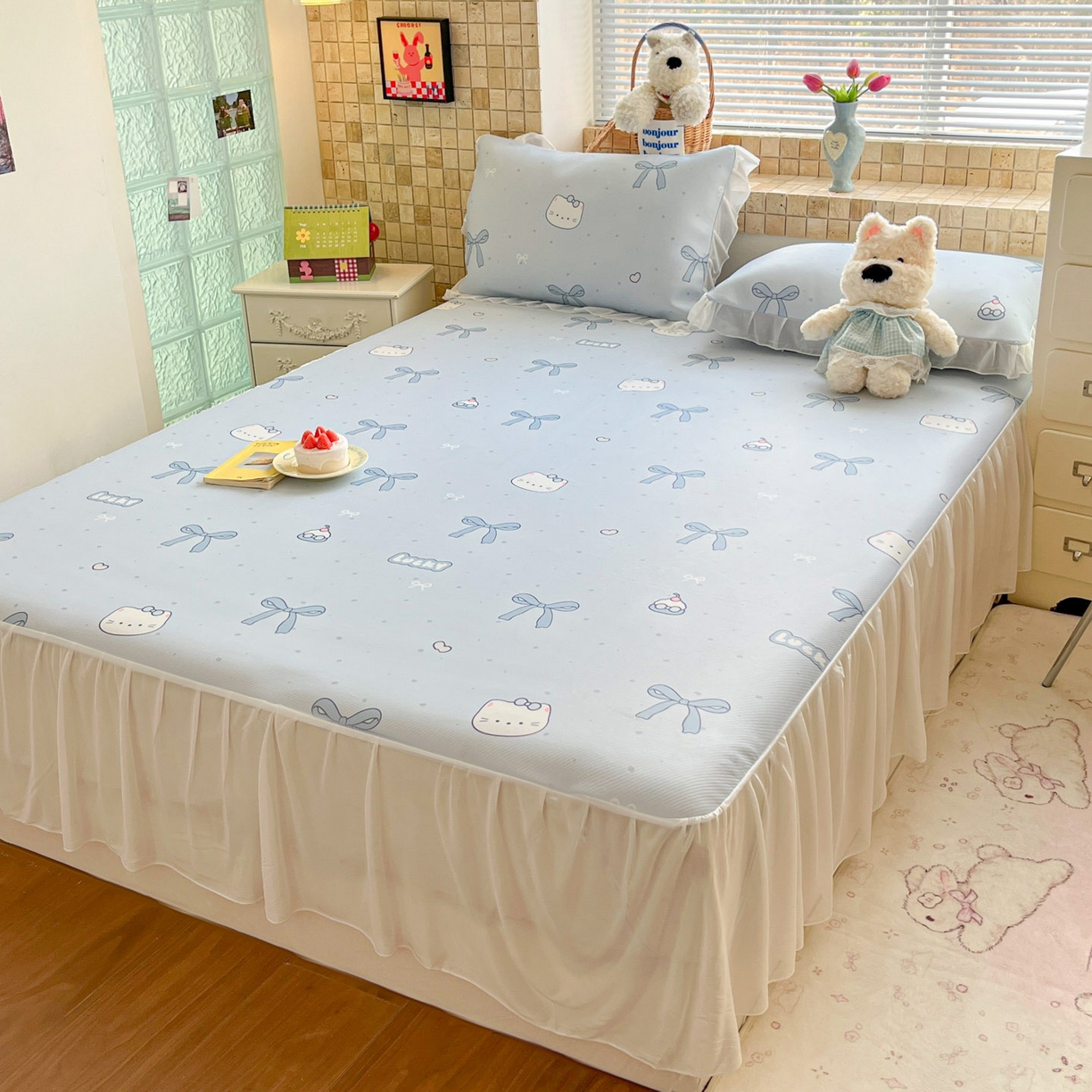 91家纺网 家纺一手货源 找家纺 川悦生活 2026新款雪纺冰丝床裙凉席三件套 床裙海盐小咪