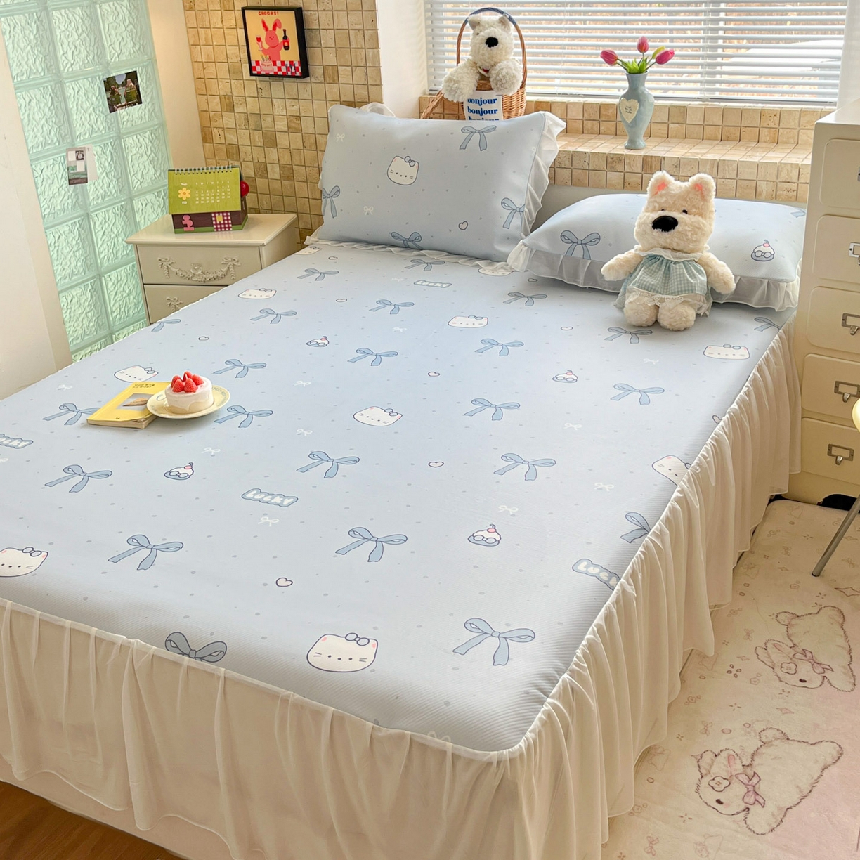 91家纺网 家纺一手货源 找家纺 川悦生活 2026新款雪纺冰丝床裙凉席三件套 床裙海盐小咪