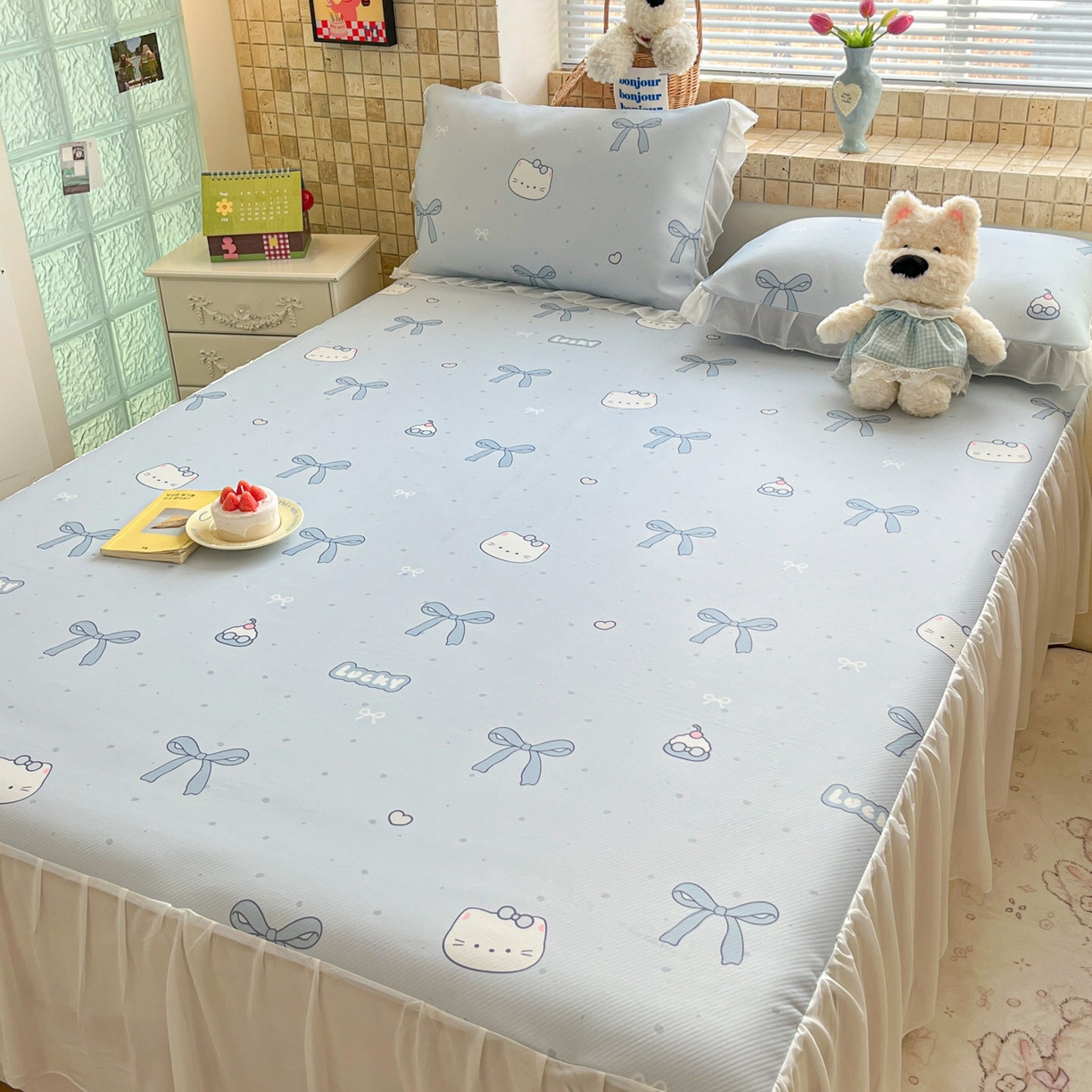 91家纺网 家纺一手货源 找家纺 川悦生活 2026新款雪纺冰丝床裙凉席三件套 床裙海盐小咪