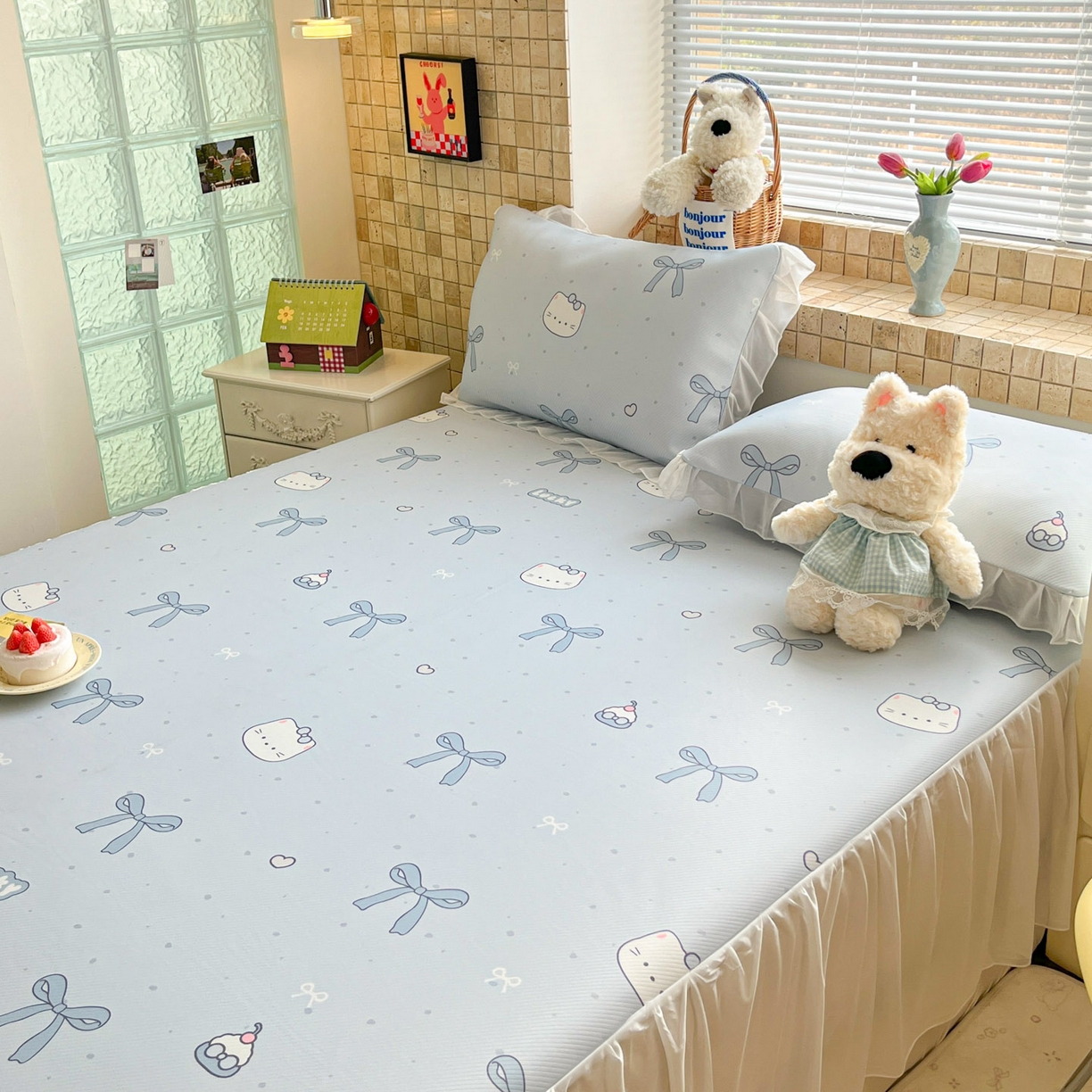 91家纺网 家纺一手货源 找家纺 川悦生活 2026新款雪纺冰丝床裙凉席三件套 床裙海盐小咪