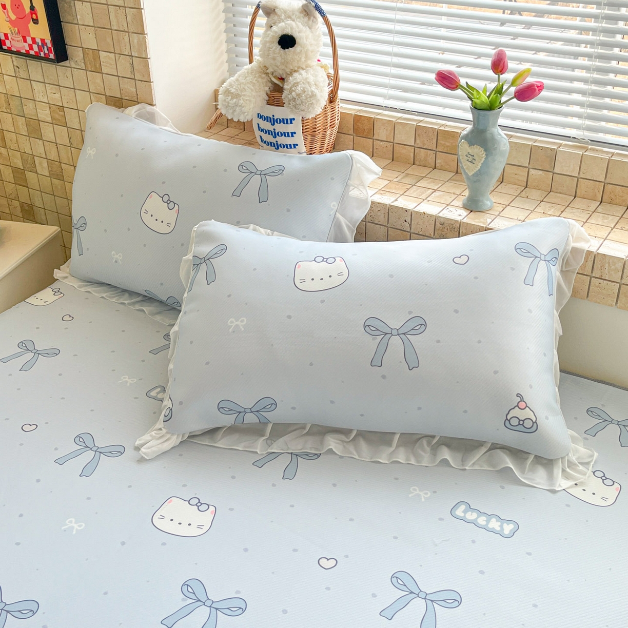 91家纺网 家纺一手货源 找家纺 川悦生活 2026新款雪纺冰丝床裙凉席三件套 床裙海盐小咪