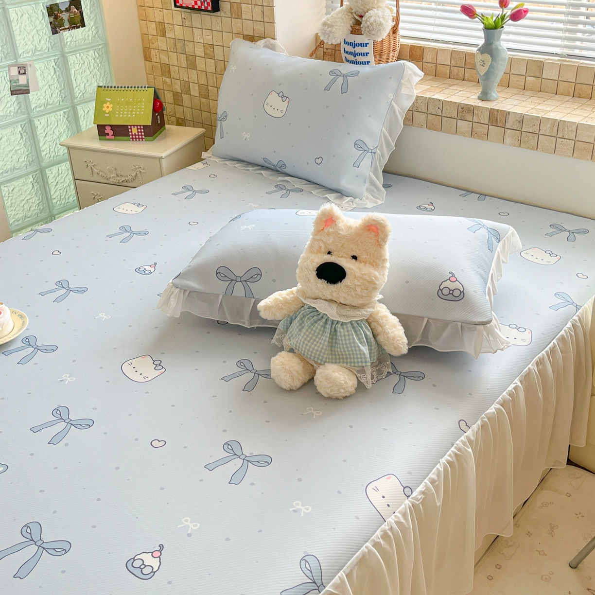 91家纺网 家纺一手货源 找家纺 川悦生活 2026新款雪纺冰丝床裙凉席三件套 床裙海盐小咪