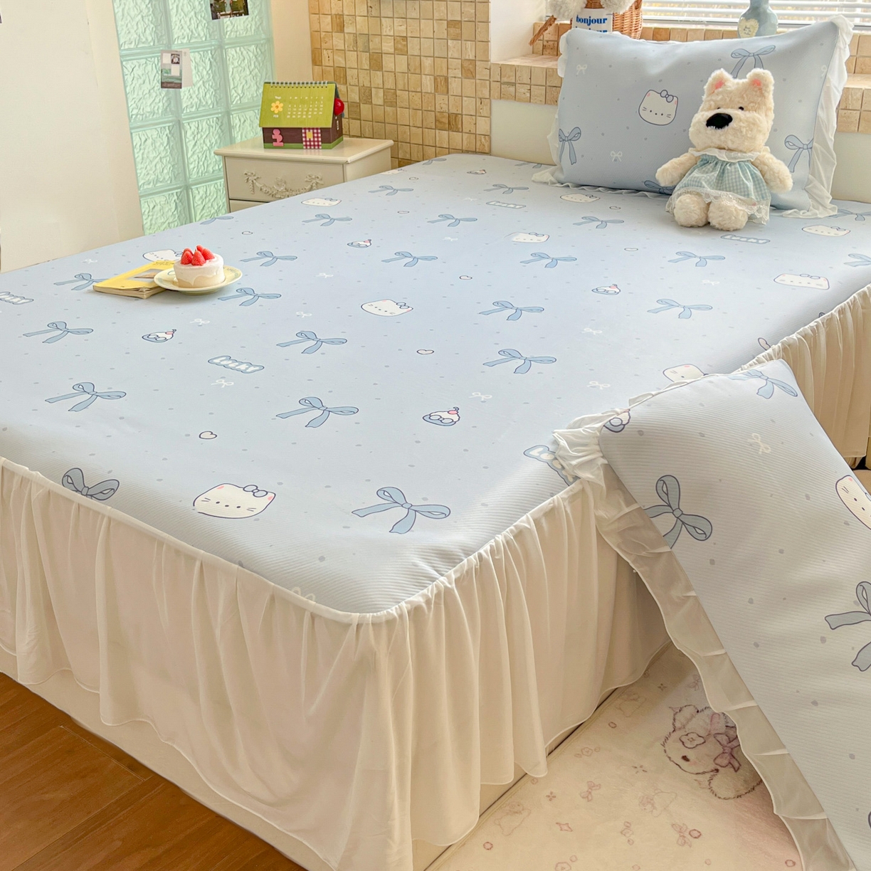 91家纺网 家纺一手货源 找家纺 川悦生活 2026新款雪纺冰丝床裙凉席三件套 床裙海盐小咪