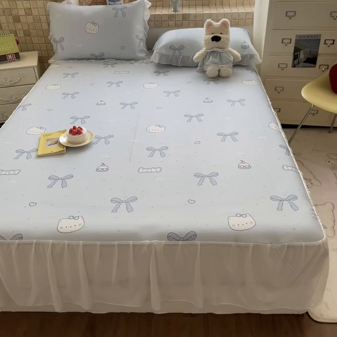 91家纺网 家纺一手货源 找家纺 川悦生活 2026新款雪纺冰丝床裙凉席三件套 床裙海盐小咪